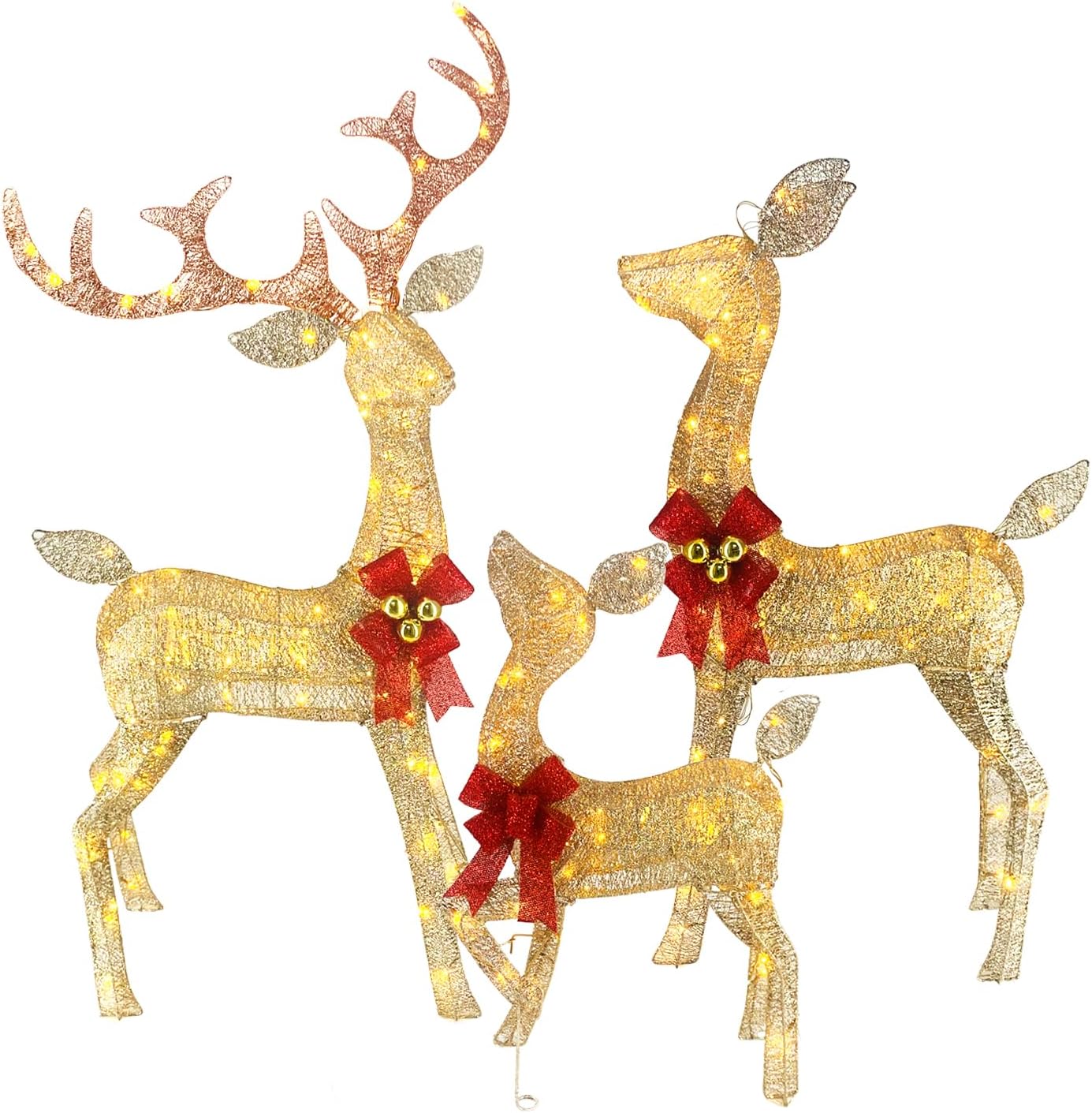 5ft Lighted Outdoor Christmas Reindeer Decoratioin, 3Pcs Large Handmade Deer Family Set with 240 LEDs for Patio Lawn Party Decorations, Safe Material Ground Stakes, Plug and Play, Gold 3D-Gold-Style B