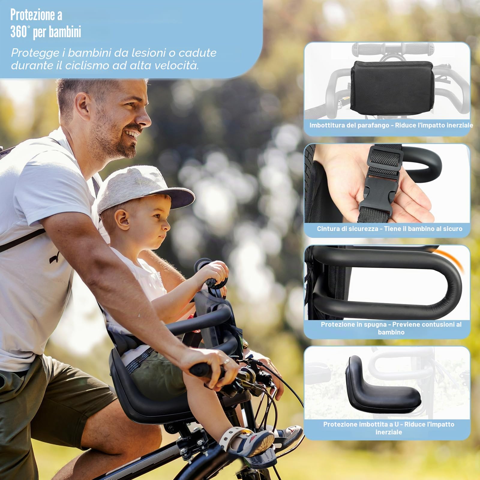 ZUKKA Seggiolino per bicicletta per bambini, supporto anteriore, seggiolino per bicicletta per bambini, con impugnatura per pedana, per adulti, seggiolino per bambini, nero