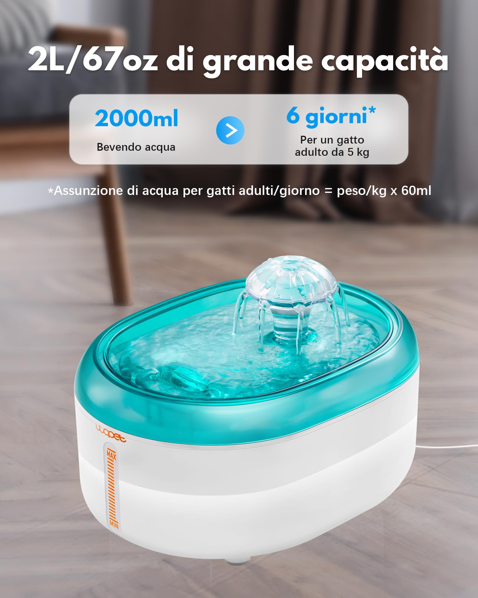 Wopet W300 Fontanella per Gatti con Filtraggio Vero, 2L Dispenser Acqua Gatti Automatico Ultra Silenzioso con Ciotola senza BPA e Filtri a 6 Stadi di Filtraggio(Verde Bianco)