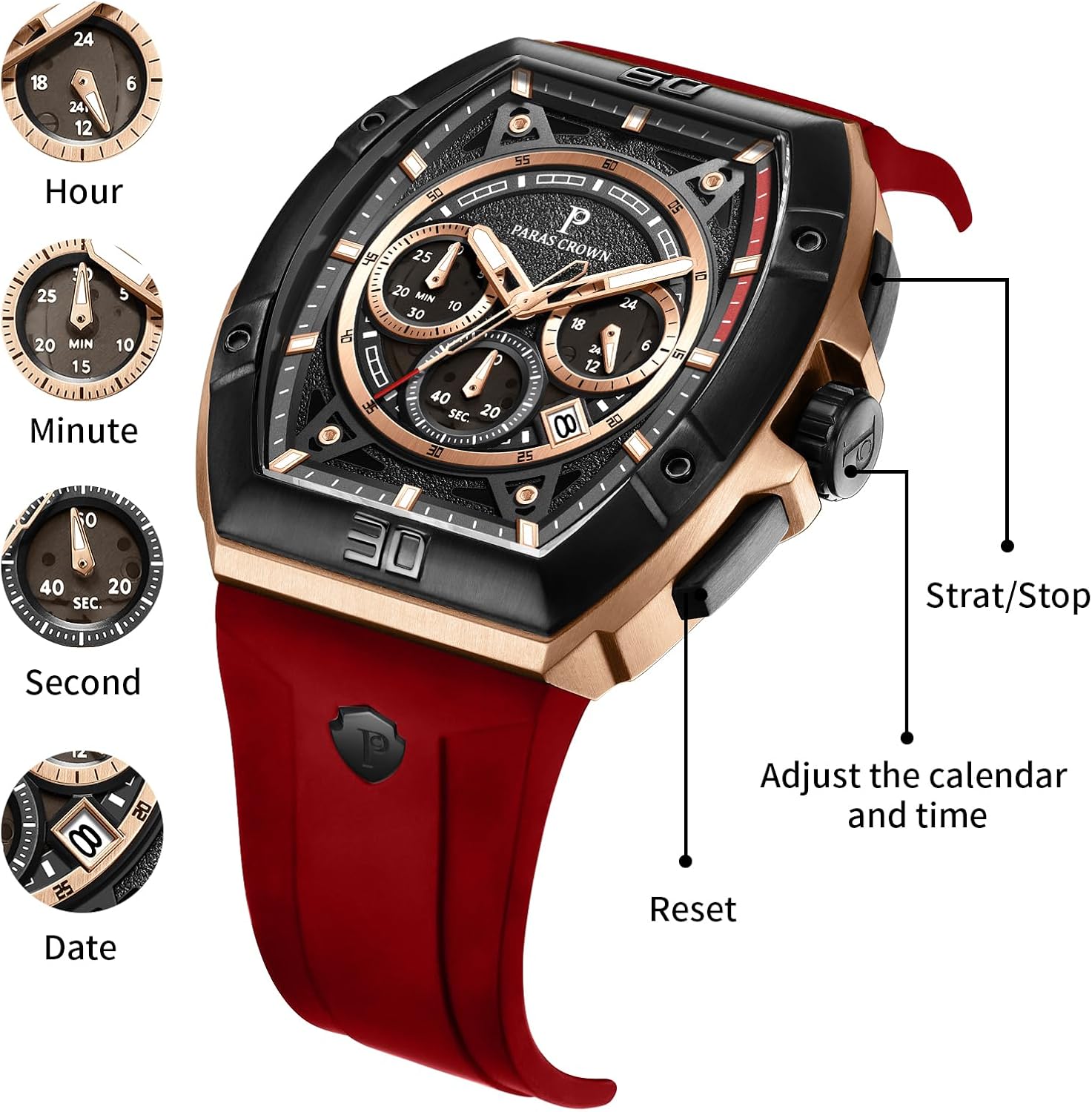 Paras Crown Watches for Men Tonneau 5ATM Waterproof Quartz Luxury Chronograph Analog Men's Wrist Watches Stainless Steel Case Mens Watches - Image 4