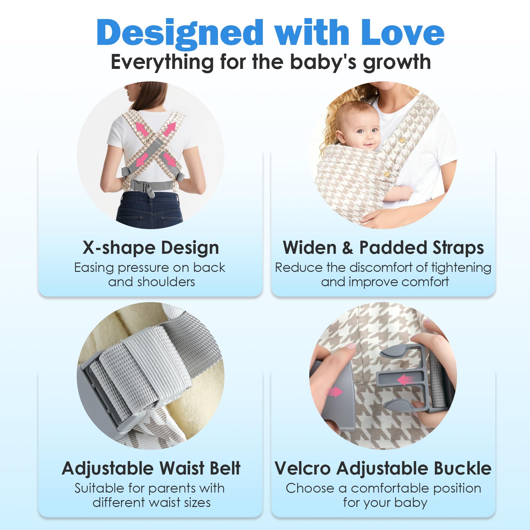 Baby Carrier with Storage Bag, 4 in 1 Front & Back Facing Design, Forward Facing, Adjustable, Baby Essential, Head Support, Baby Carrier for Newborn to Toddler, Champagne Houndstooth