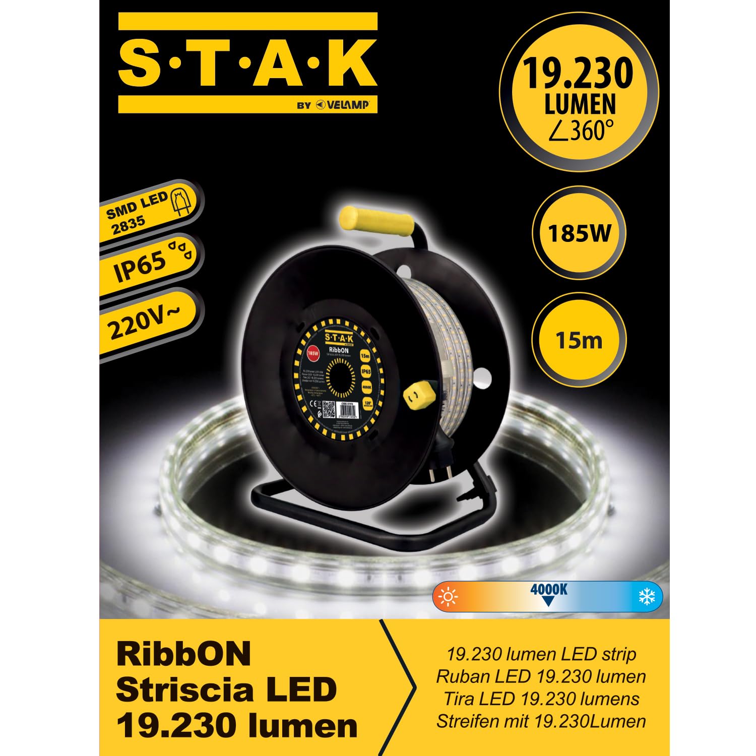 STAK RibbON Striscia LED 15 Metri con Avvolgitore – 19.230 Lumen, 4000K Luce Naturale, IP65, Flessibile e Impermeabile per Uso Professionale in Cantiere e Esterni