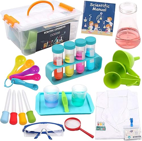 Kit de experimento científico para niños con capa de laboratorio, 28 juguetes educativos STEM regalo con caja de almacenamiento, juguete de juego de