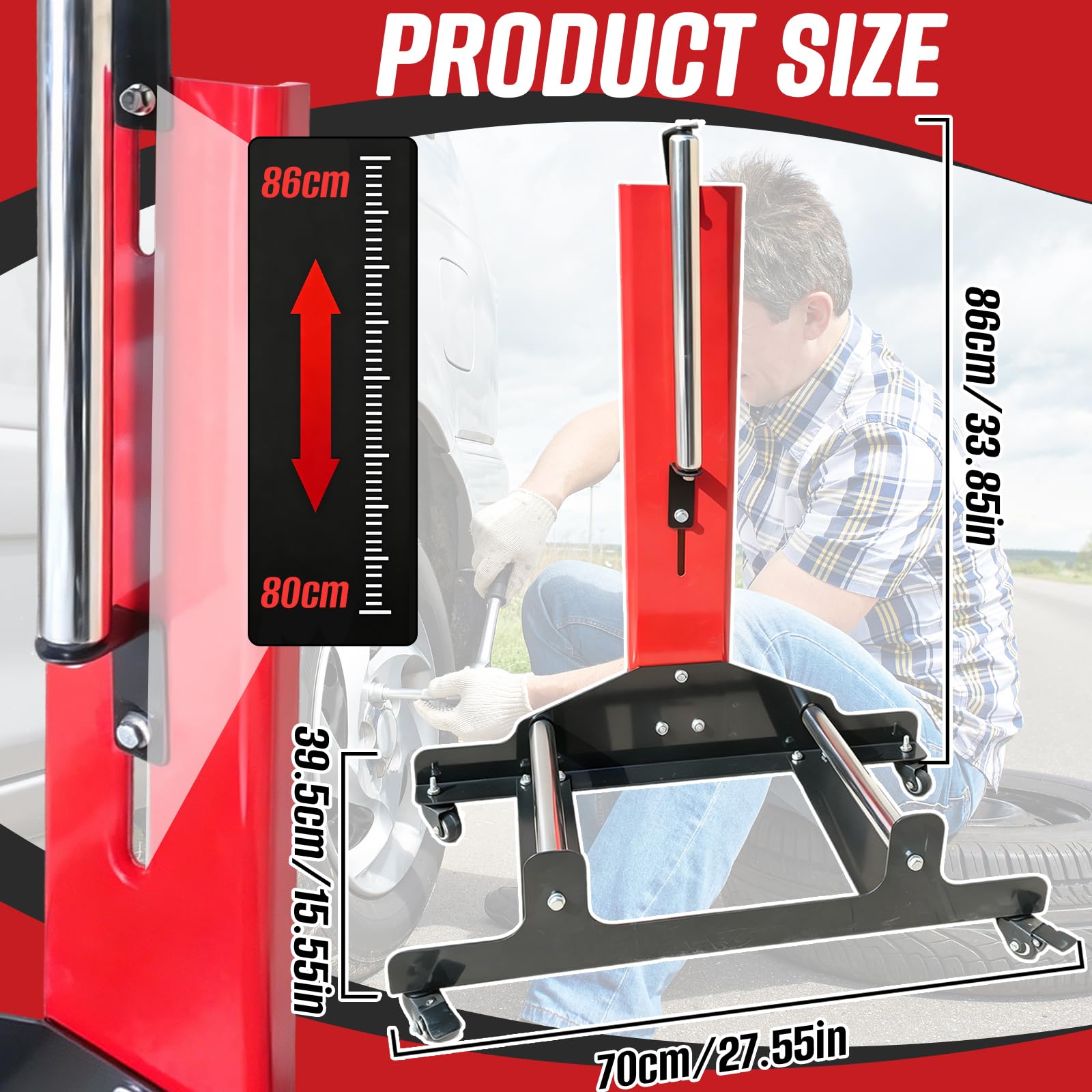 Estante para Limpieza de Ruedas, Soporte para Llantas en Acero Laminado en Frío en Altura Regulable con 4 Ruedas Giratorias y 3 de Apoyo para Limpiar Pulir y Mantener Las Llantas