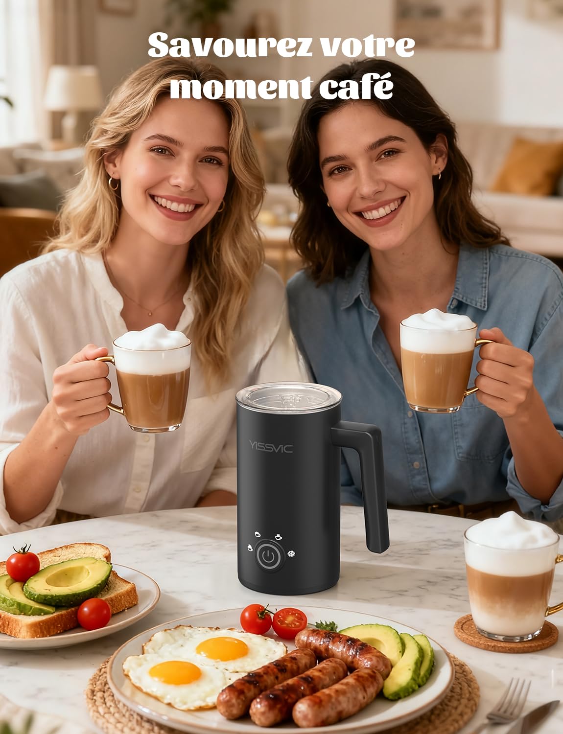 YISSVIC Mousseur à lait électrique Électrique Automatique 4 en 1 Électrique Automatique 500 W avec commande en un clic pour intérieur en acier inoxydable et revêtement antiadhésif