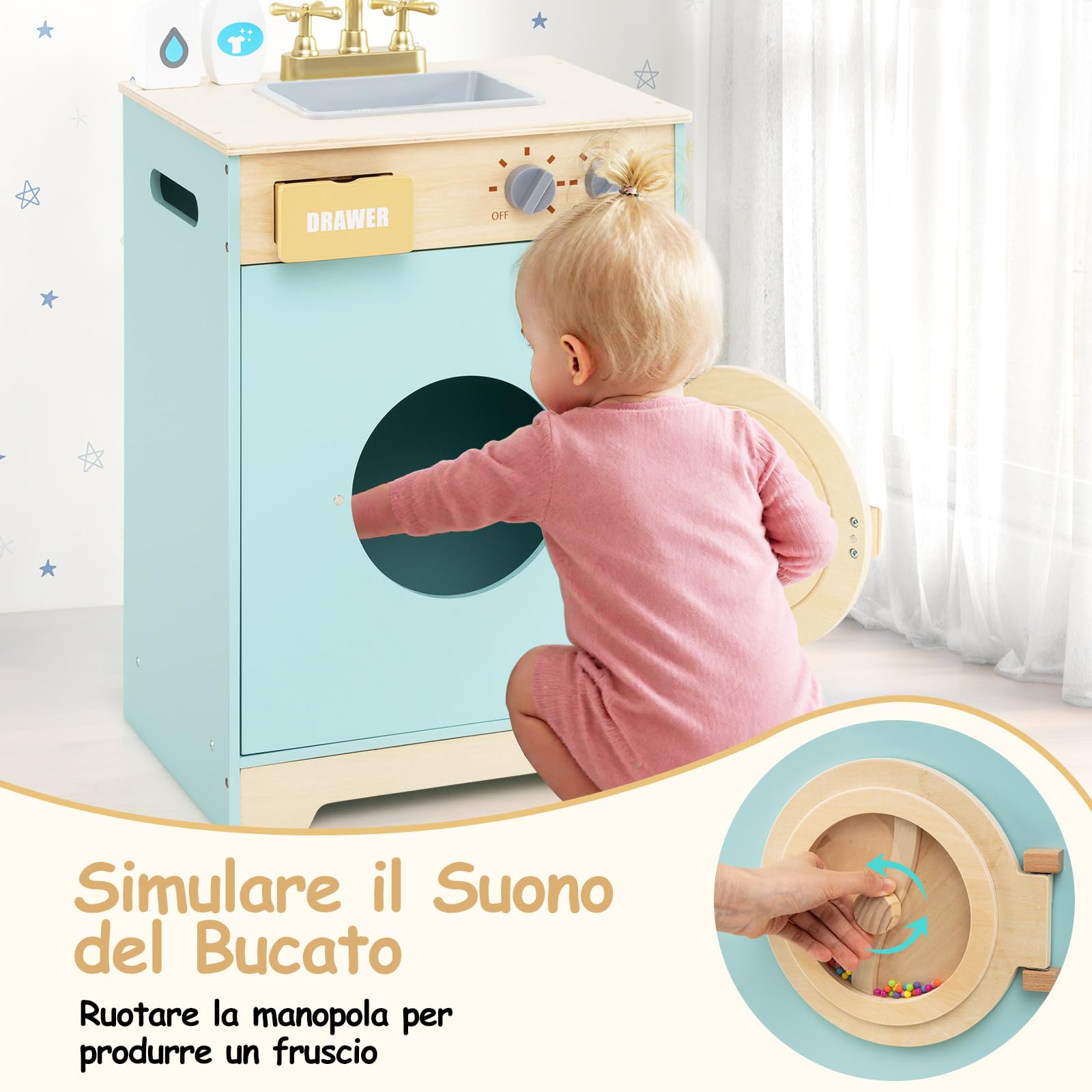 COSTWAY Set di Gioco Lavatrice per Bambini, Giocattolo Lavatrice con Detersivo e Igienizzante per le Mani, Set in Legno con Lavabo, Cassetto e Ruota Rotante, Regalo per Bambini dai 3+ Anni