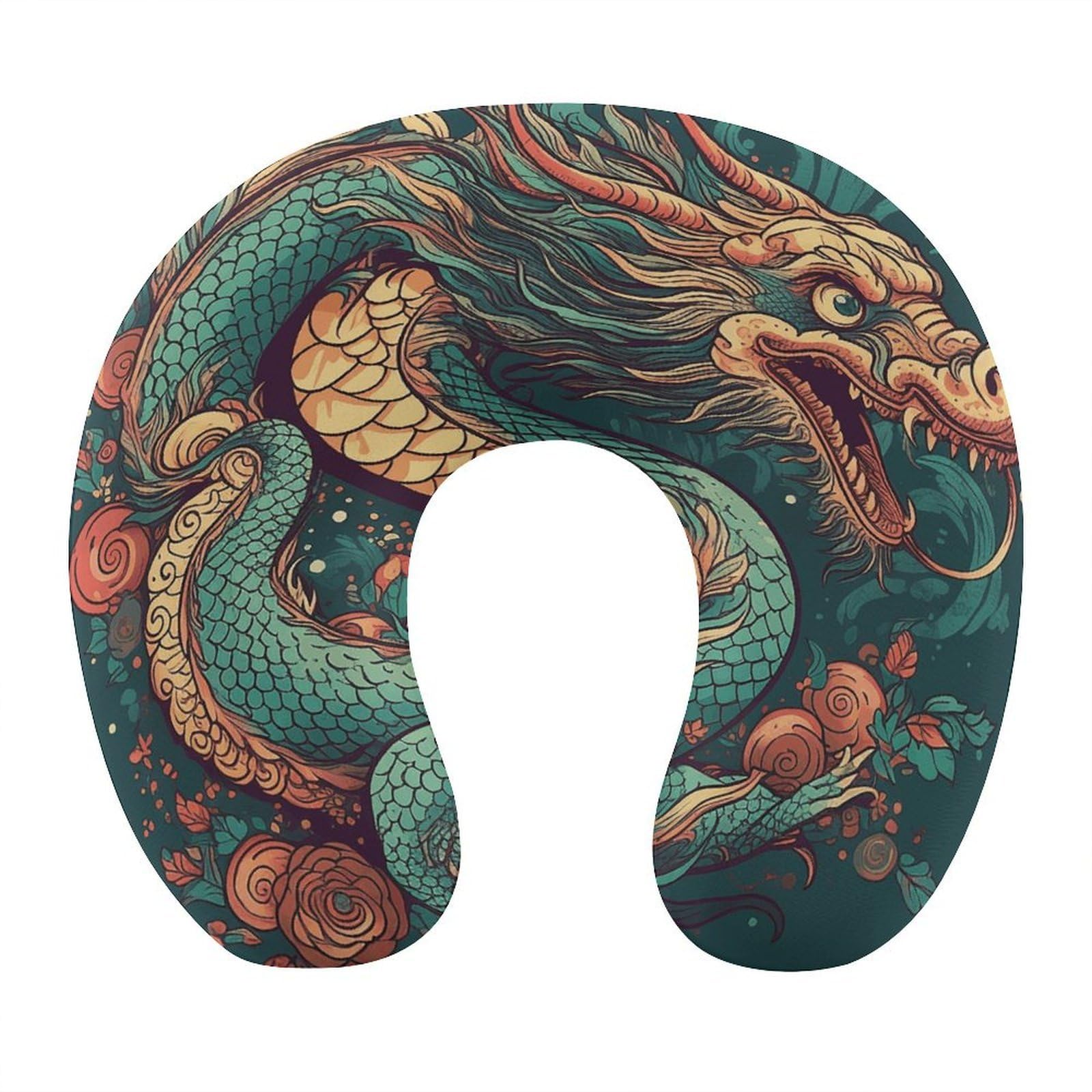 LZQPOEAS Oriental Dragon Pattern Neck Pillow U Shaped Travel Pillow Comfortable Memory Foam Pillow Portable Neck Support Lightweight Headrest for Airplane Car Home Office Sleeping Traveling