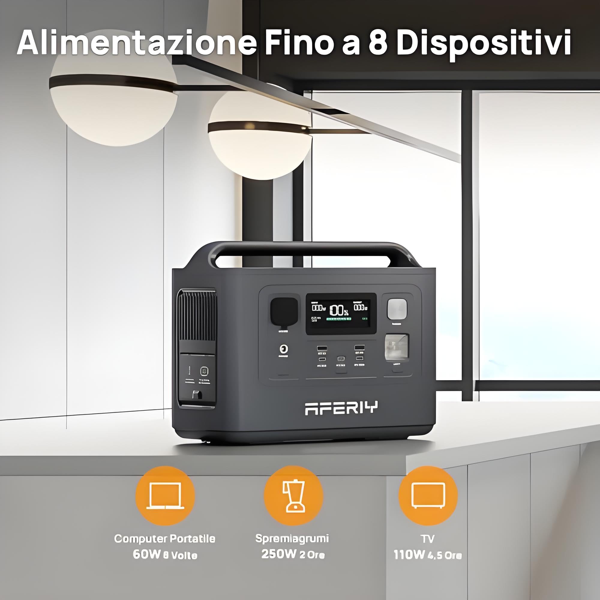 AFERIY Centrale Elettrica Portatile 800W, Batteria Riserva LiFePO4 Da 512Wh, Ricarica Rapida In 1 Ora, Presa Ue 220-240V, UPS, Generatore Elettrico Solare Per Campeggio/Casa/Ufficio, Garanzia 7 Anni