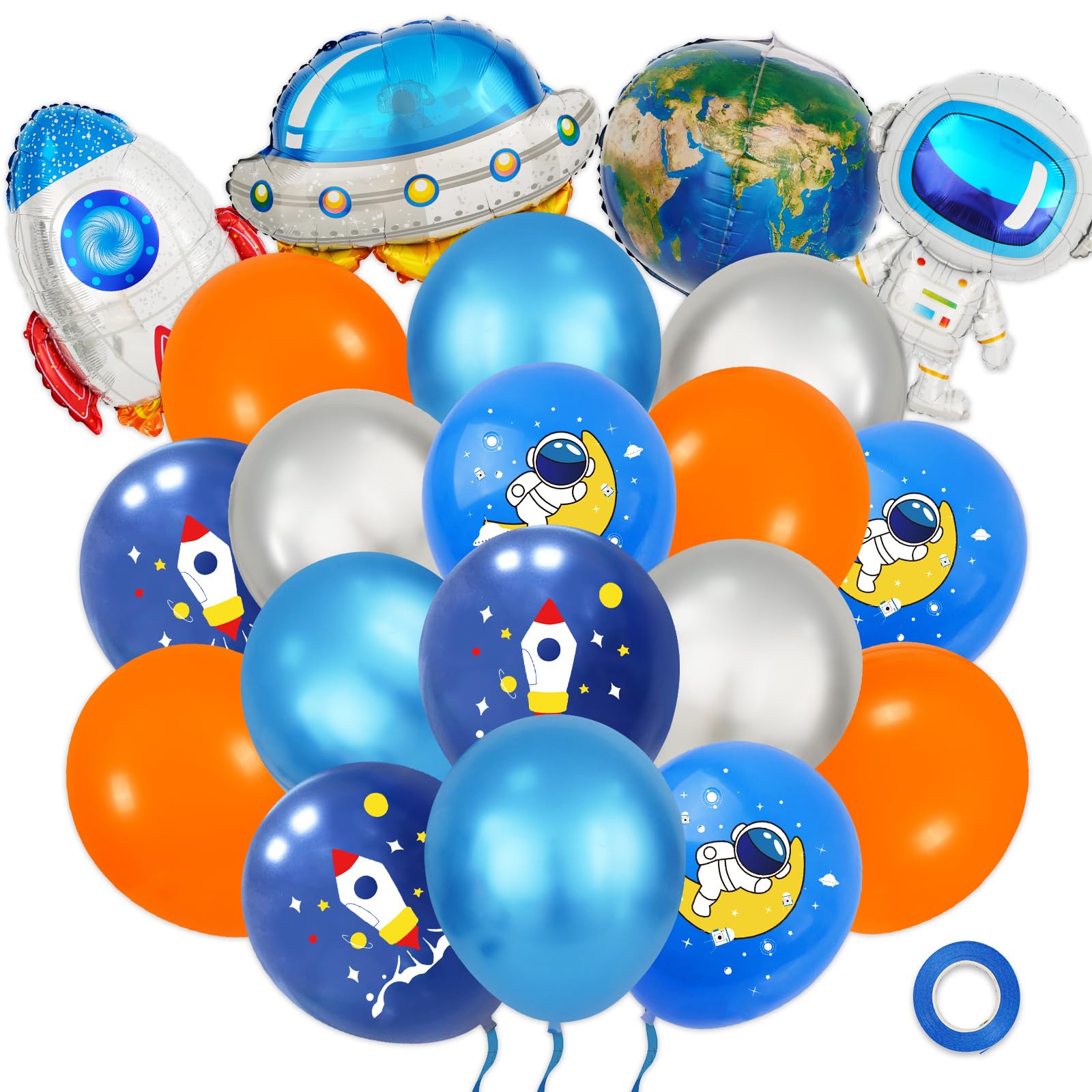 Whaline 64Pcs Outer Space Party Balloons Blue Orange Silver Latex Balloons UFO Astronaut Rocket Earth Foil Balloons for Space Birthday Party Baby shower Solar System Galaxy Planet Decorations Supplies