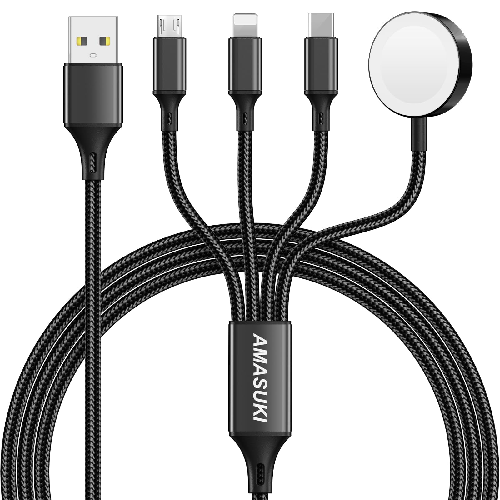 Amasuki Travel Essentials,4 in 1 for Apple Watch Charger/iPhone Charger/Multi Charging Cable,Vacation RV Camping Essentials,USB C/L/Micro Portable Charger for iWatch 11-1/iPhone 17-12,Car&amp;Gift-Black