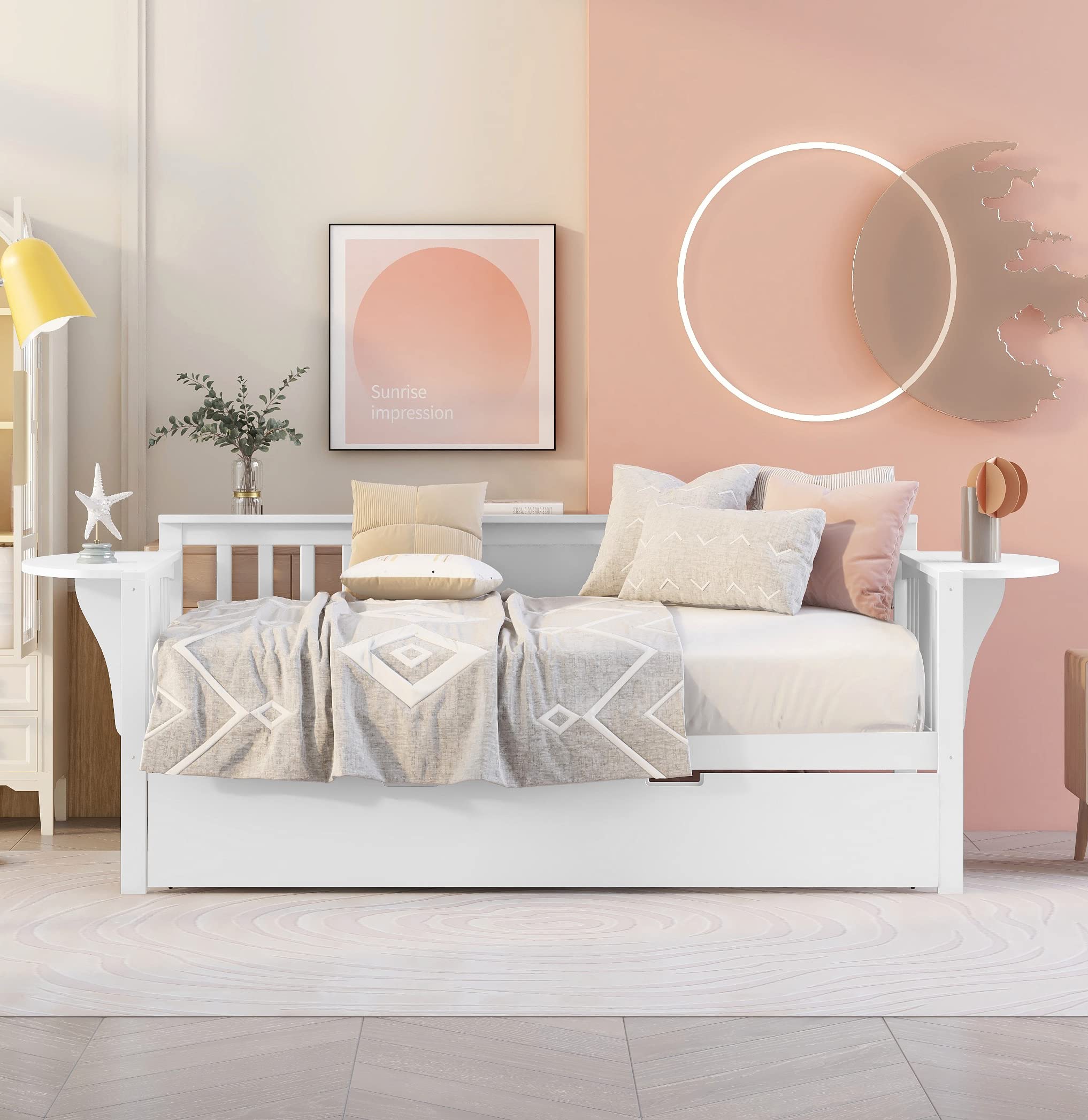 Harper & Bright Designs Daybed with Trundle, Wood Twin Size Sofa Bed Frame with Small Table, Dual-use Sturdy Bed for Kids Guests Sleepovers (White,Twin with Trundle)