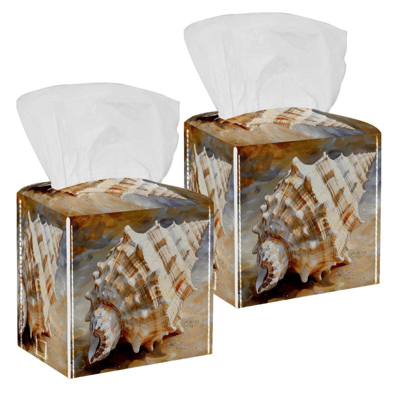Shell Paint Tissue Box Cover, 2 Pack PU Leather Square Facial Tissue Dispenser Box holder for Home Office Car