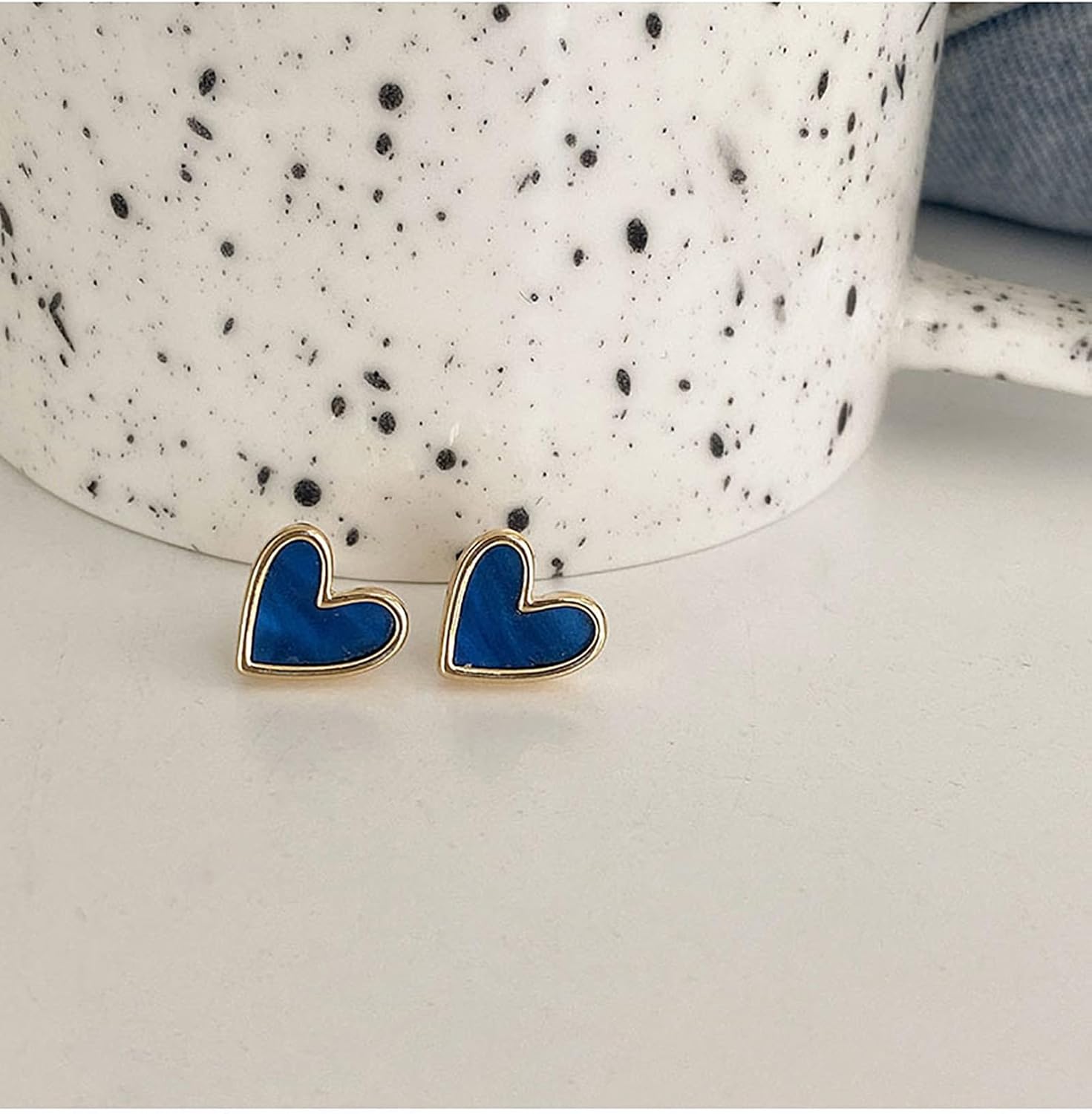 Mini blue heart earrings - Small white gold heart studs for women, delicate hypoallergenic jewelry - Image 4