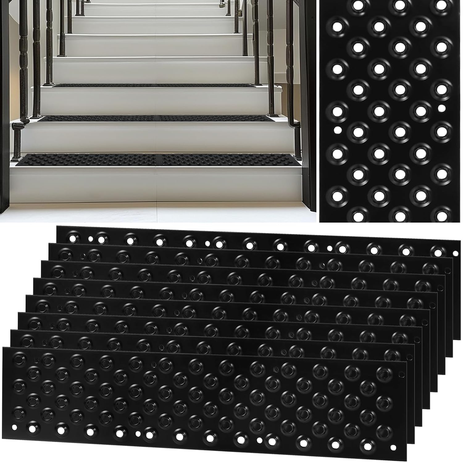 8 Pack Non Slip Aluminum Stair Tread,16 x 3.75 Inch Aluminum Anti-Slip Stair Strip with Screws, Anti Slip Outdoor Stair Treads Coated Black, Metal Stair Nosing Stair Treads for Wooden Ramp Deck Steps