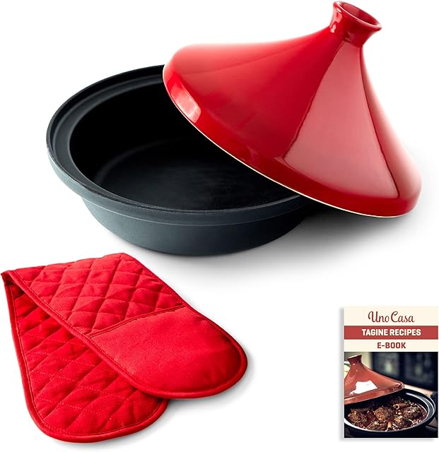 Uno Casa Tagine Pot - 3.65-Quart Moroccan Tajine with Enameled Cast Iron Base and Ceramic Cone-Shaped Lid, High-Quality Cookware- Red Double Oven Mitts Included