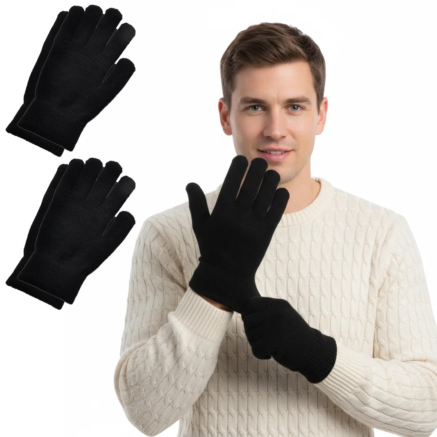 2-Pack Black Knit Gloves, Stretchable Fleece-Lined Thermal Winter Wear, One Size Fits Most for Men & Women