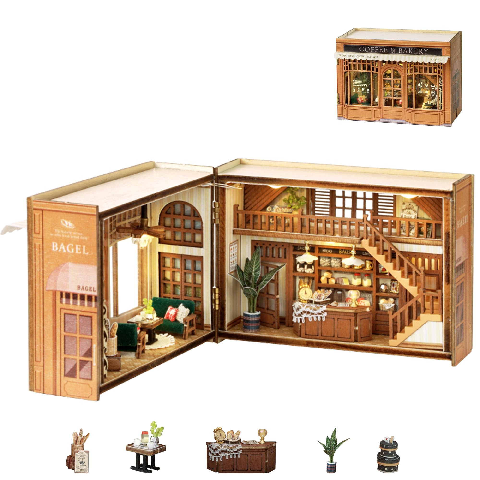 Flever Dollhouse Miniature DIY House Kit Creative Room with Furniture for Romantic Valentine's Gift (Bagel Time)