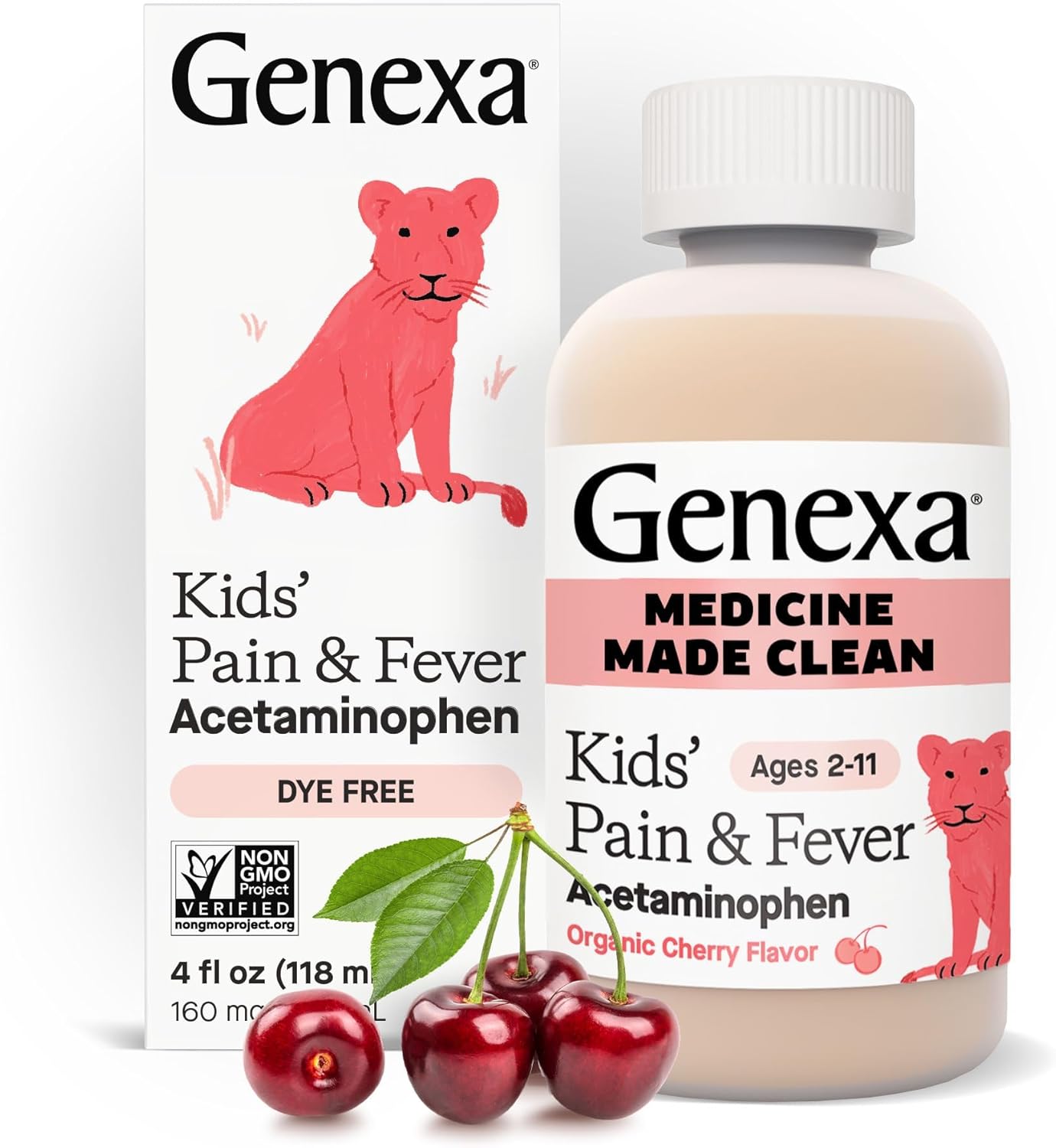 Genexa Kids’ Clean Pain & Fever Acetaminophen, Dye Free, 0% Artificial Additives, Delicious Organic Cherry Flavor, Liquid Oral Suspension Medicine for Children 2-11, 160 mg per 5mL, 4 fl oz Genexa Kids’ Clean Pain & Fever Acetaminophen, Dye Free, 0% Artificial Additives, Delicious Organic Cherry Flavor, Liquid Oral Suspension Medicine for Children 2-11, 160 mg per 5mL, 4 fl oz