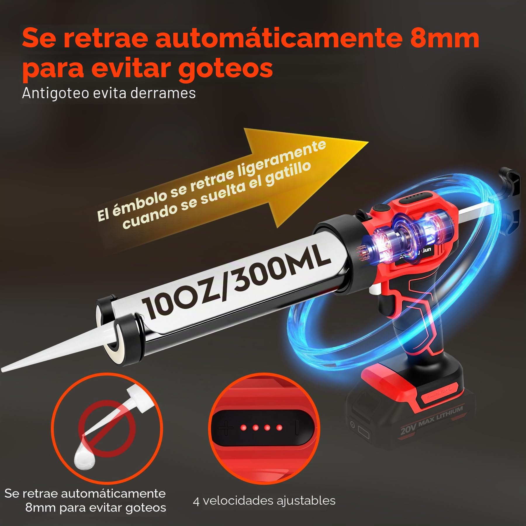 Pistola Silicona Compatible con 18V Makita Batería, Pistola Silicona Bateria de 10oz/300 ml 2500N con LED, Pistola Silicona Electrica Ajuste de 4 Velocidades para llenar y sellar (Sin Batería)