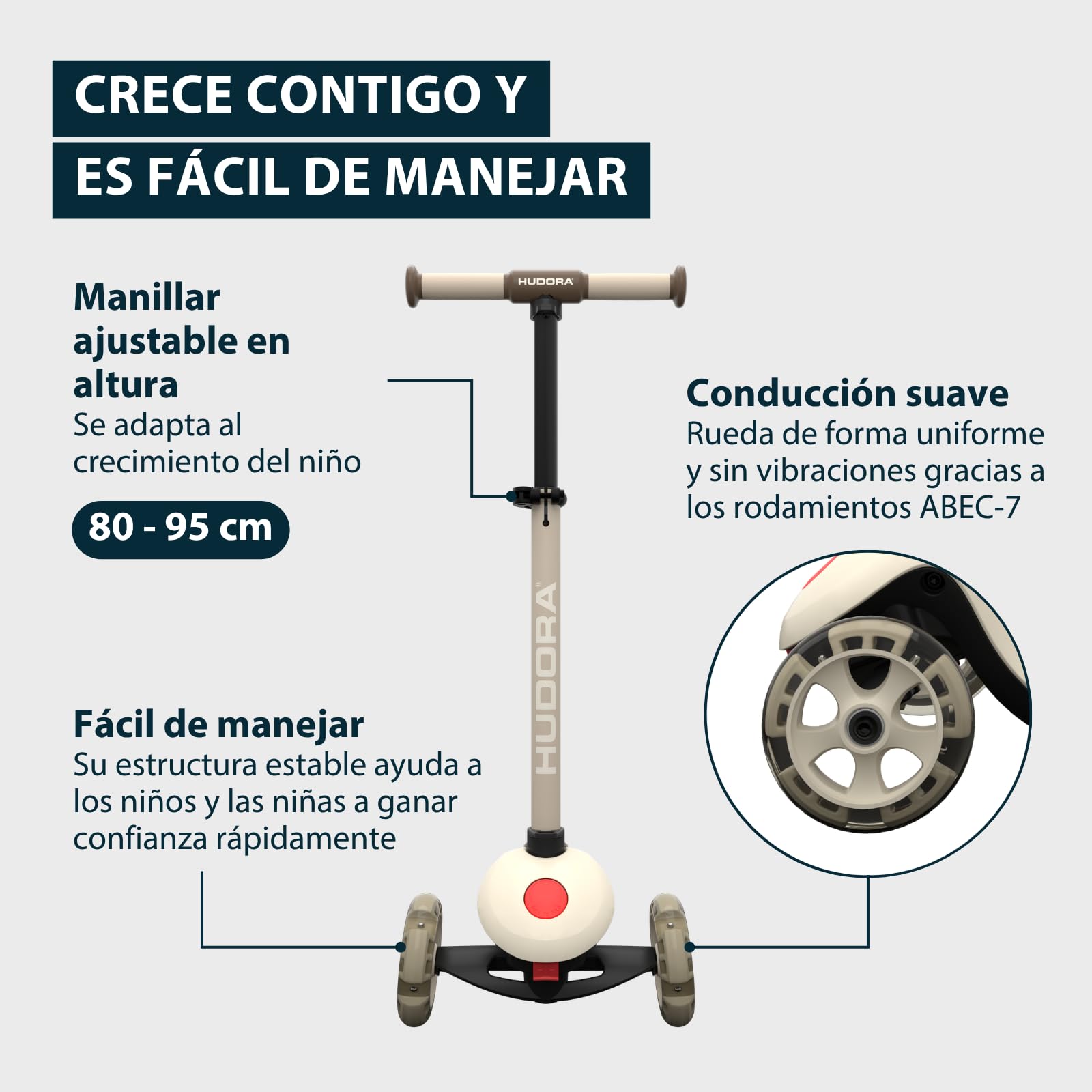HUDORA Patinete Tri con Ruedas LED – Patinete de 3 Ruedas con Manillar Regulable en Altura – Rueda Trasera Ancha ABEC 7, Plataforma Antideslizante y Freno Trasero – Patinete de Exterior para niños