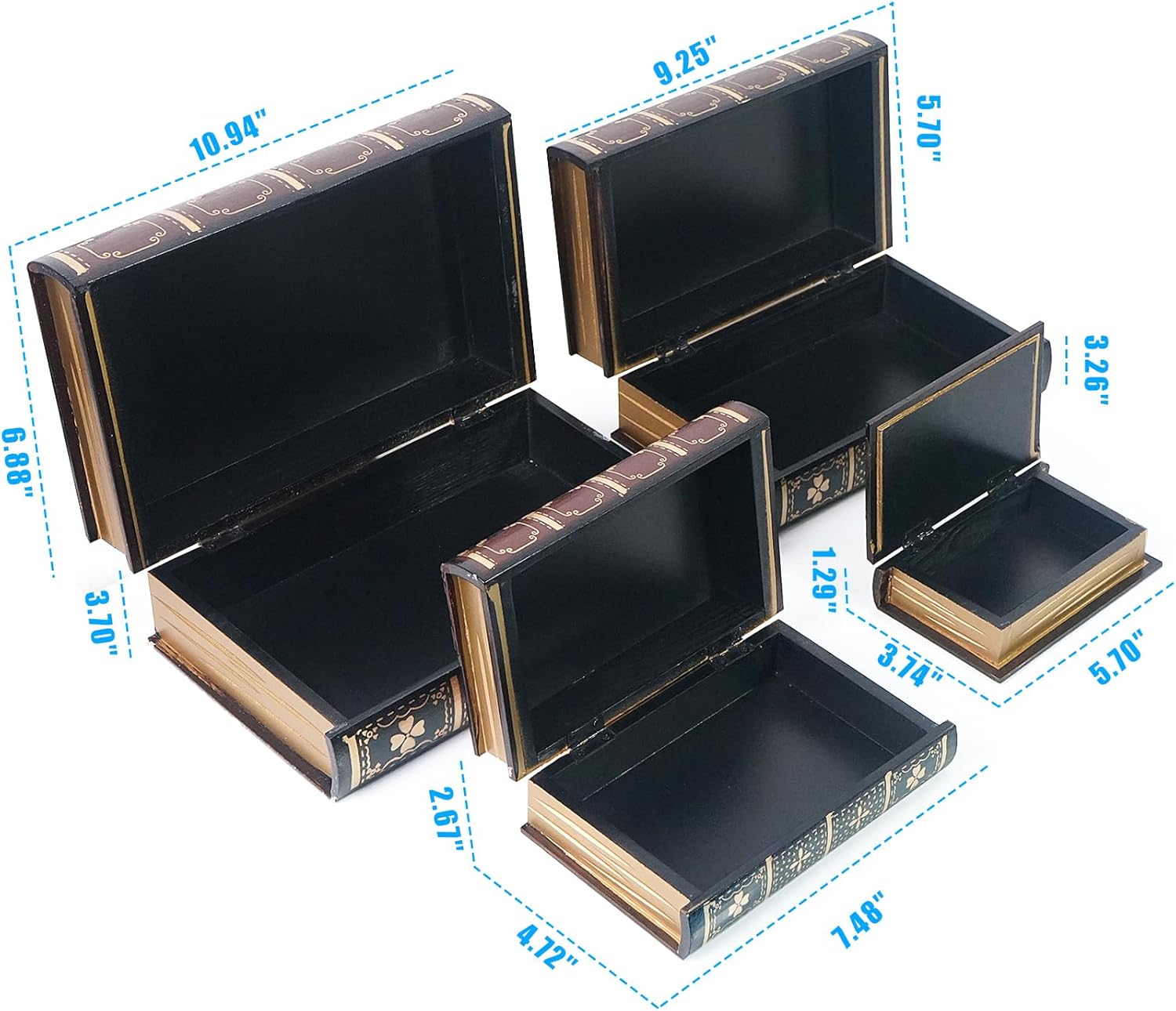 DreamsEden Wooden Book Box Set of 4 - Vintage Decorative Storage Boxes with Hinge Lid - Antique Stacking Books Style Box for Jewelry, Keepsakes, Home Office Decor