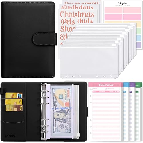 SKYDUE Carpeta de presupuesto A6, organizador de dinero para efectivo con 8 sobres con cremallera, 12 hojas de presupuesto de gastos y 24 etiquetas