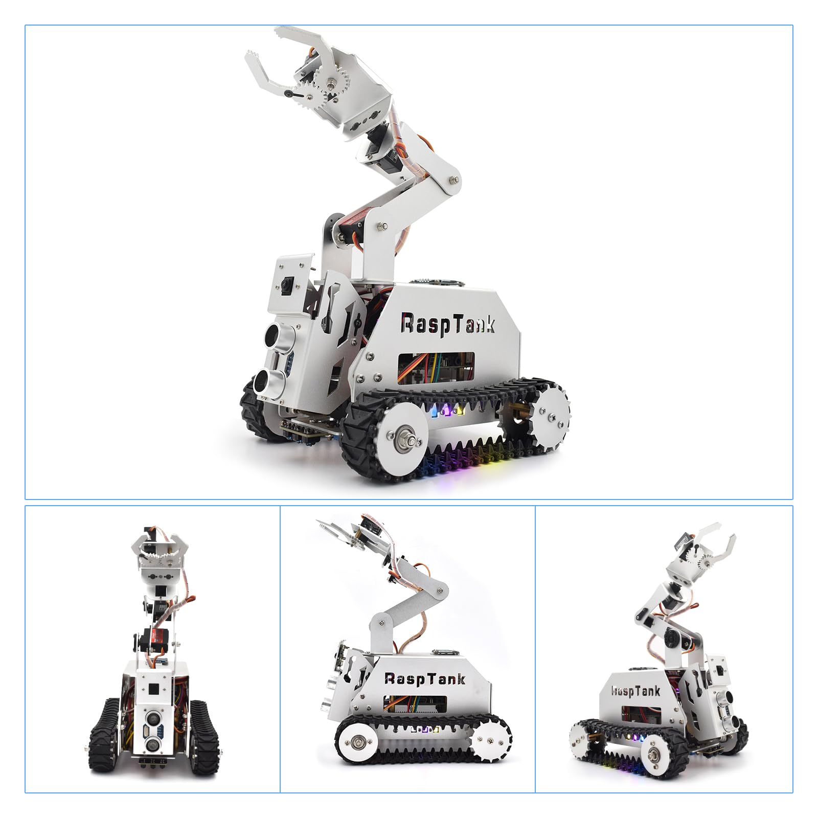 Adeept RaspTank - Kit per auto intelligente in metallo per Raspberry Pi 5/4B/3B/3B+(scheda non inclusa), robot per il monitoraggio del serbatoio con braccio robot 4 DOF, OpenCV, prevenzione ostacoli