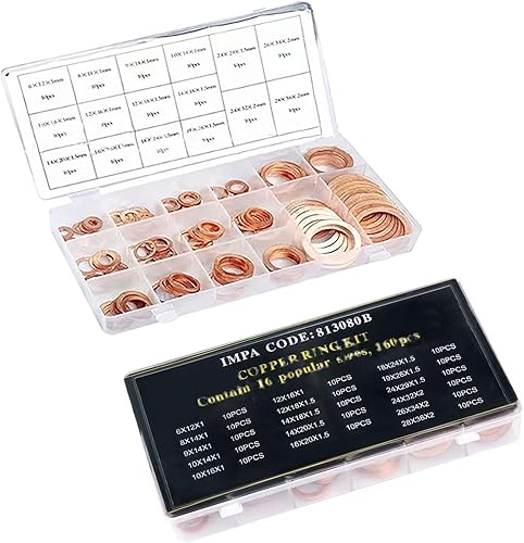 Miniatura 5 de Kit de clasificación de juntas de cobre triturado plano de automóvil, 200 piezas, M5 M6 M8 M10 M12 M14 9 especificaciones arandelas métricas de
