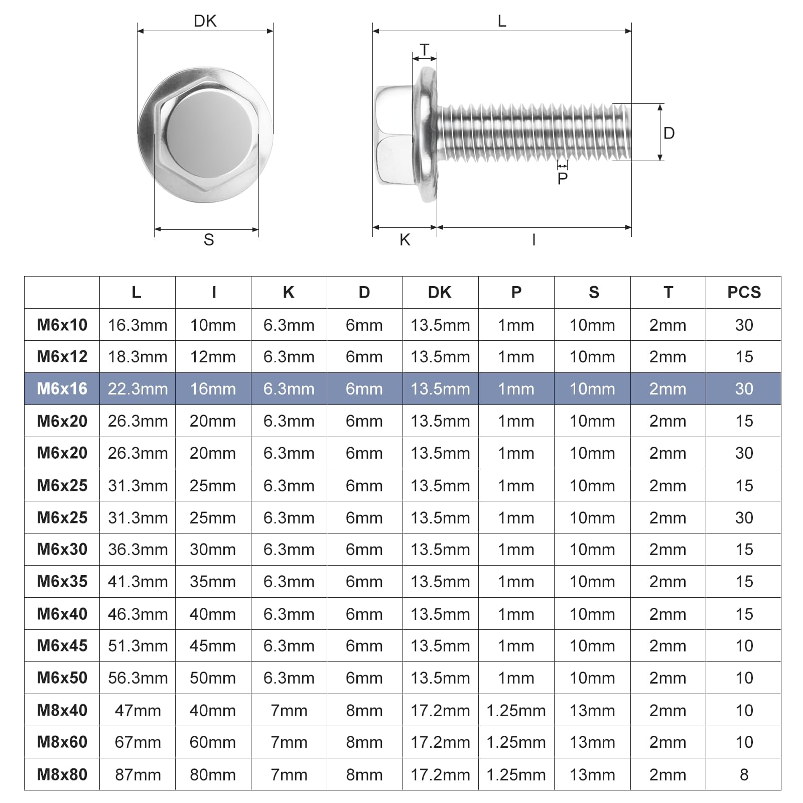 Nuts OT nuts 30 PCS M6 Bolts Silver M6x16mm 304 Stainless Steel Bolts Hex Serrated Flange Bolt Screws Hex Flange Bolt Serrated Flange Anti-Loosening for Machine Tools Furniture Assembly DIY - Image 2
