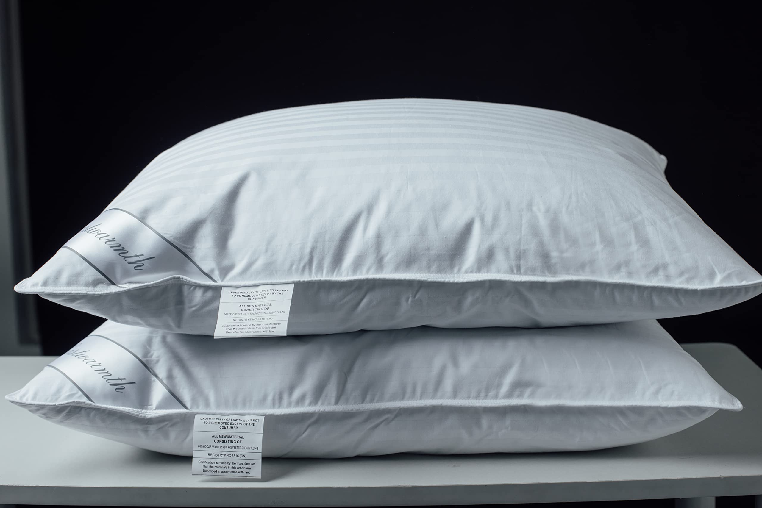 Goose Feather Blend with Polyester Bed Pillows 100% Cotton, Medium Firm Soft Support Queen Pack of 2, Stripe White