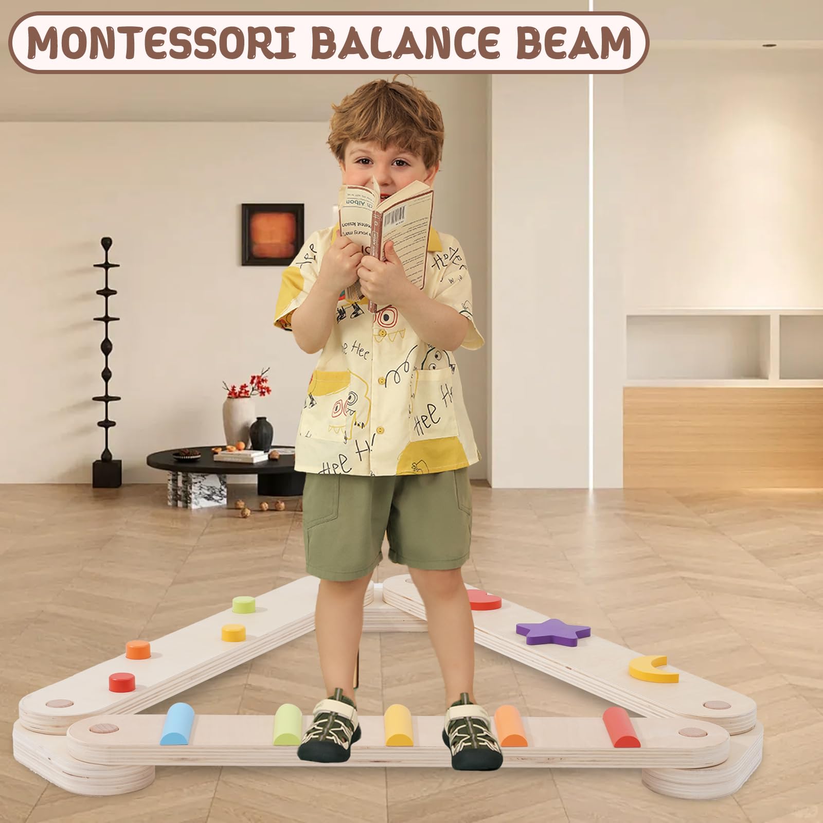 Holz Kleinkinder Schwebebalken Bunte Hindernisstange,Balancierbalken Kinder Montessori Spielzeug für Drinnen und Draußen,Holz-Balance-Board für Kinder für Koordination und Stabilität ab 3-7 Jahren