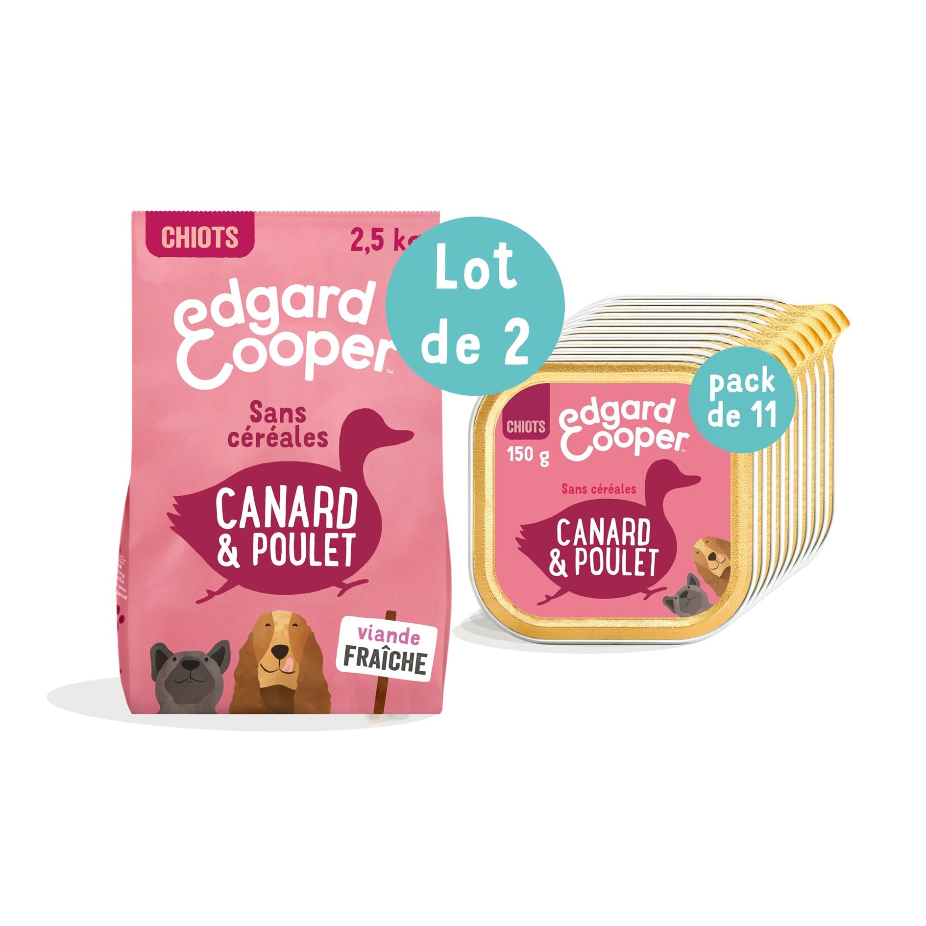 Edgard & Cooper Croquettes Chiot Chien Junior sans Cereales Nourriture Naturelle 2.5kg Canard et Poulet Frais + Edgard & Cooper Boite Patée Chiot Chien Junior sans Cereales