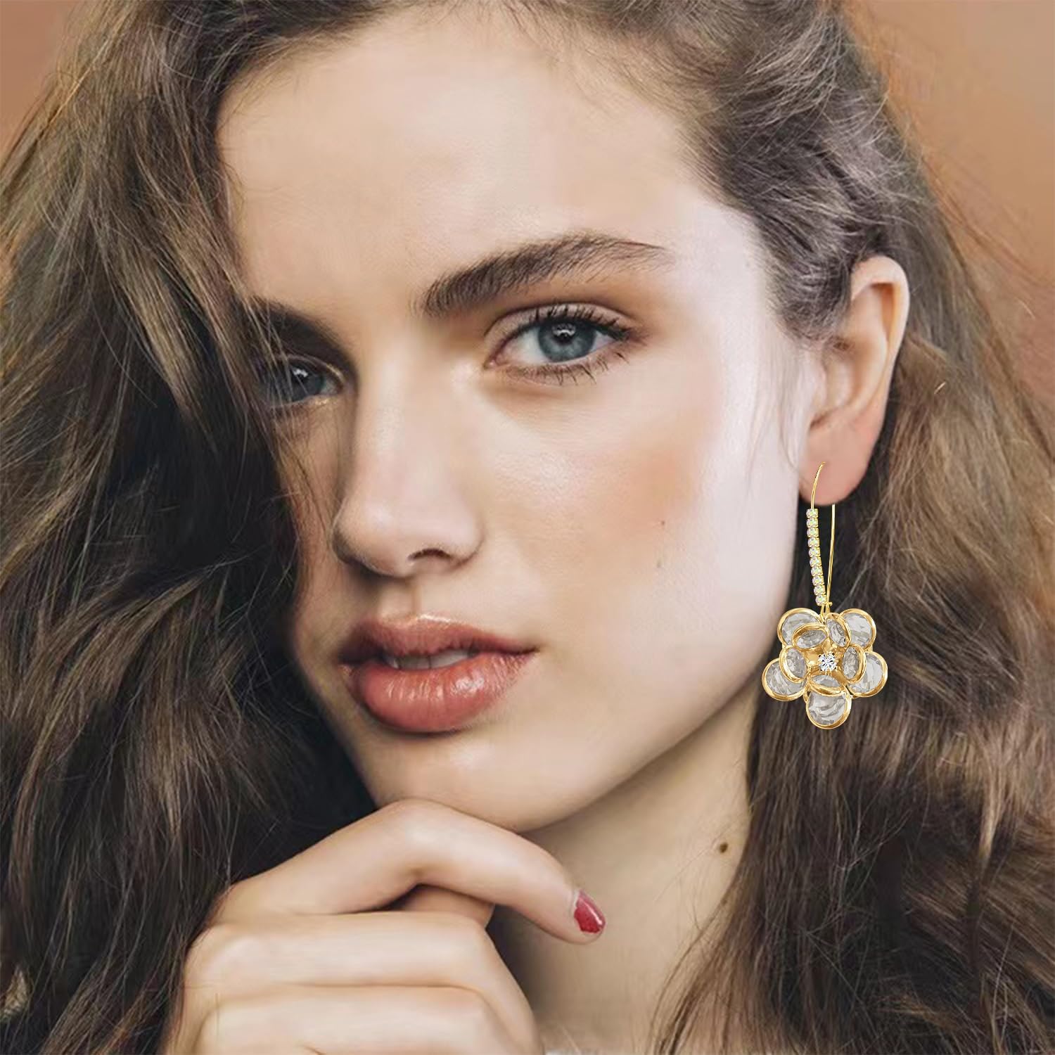 14K Gold Bohemian Sparkly Crystal Flower Dangle Drop Earrings Lightweight Rhinestone Camellia Flower Floral Hoop Earring for Women - Image 2
