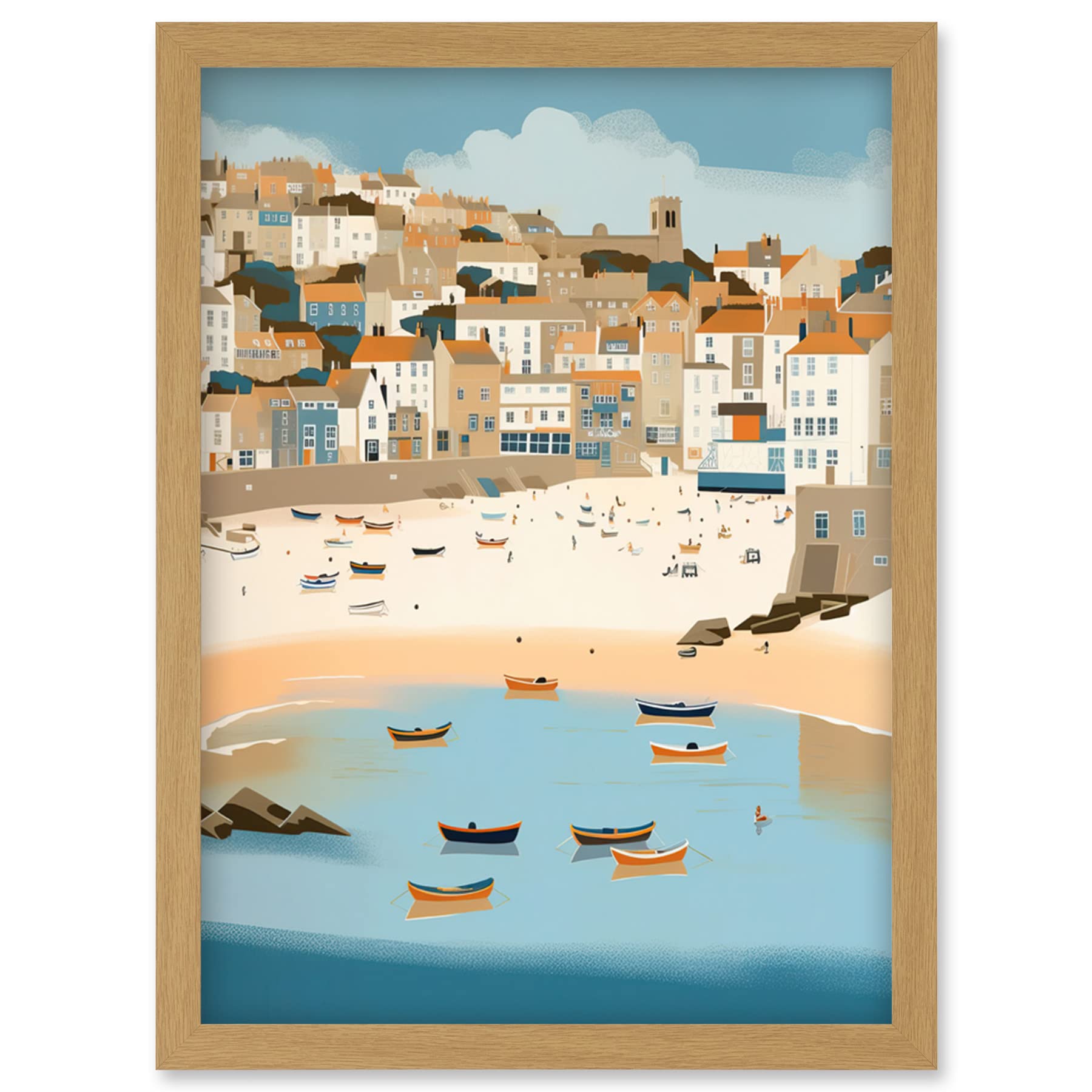 Artery8 Framed Light Oak A4 Small Boats In St Ives Bay Coastal Cityscape Artwork Framed Wall Art Print A4