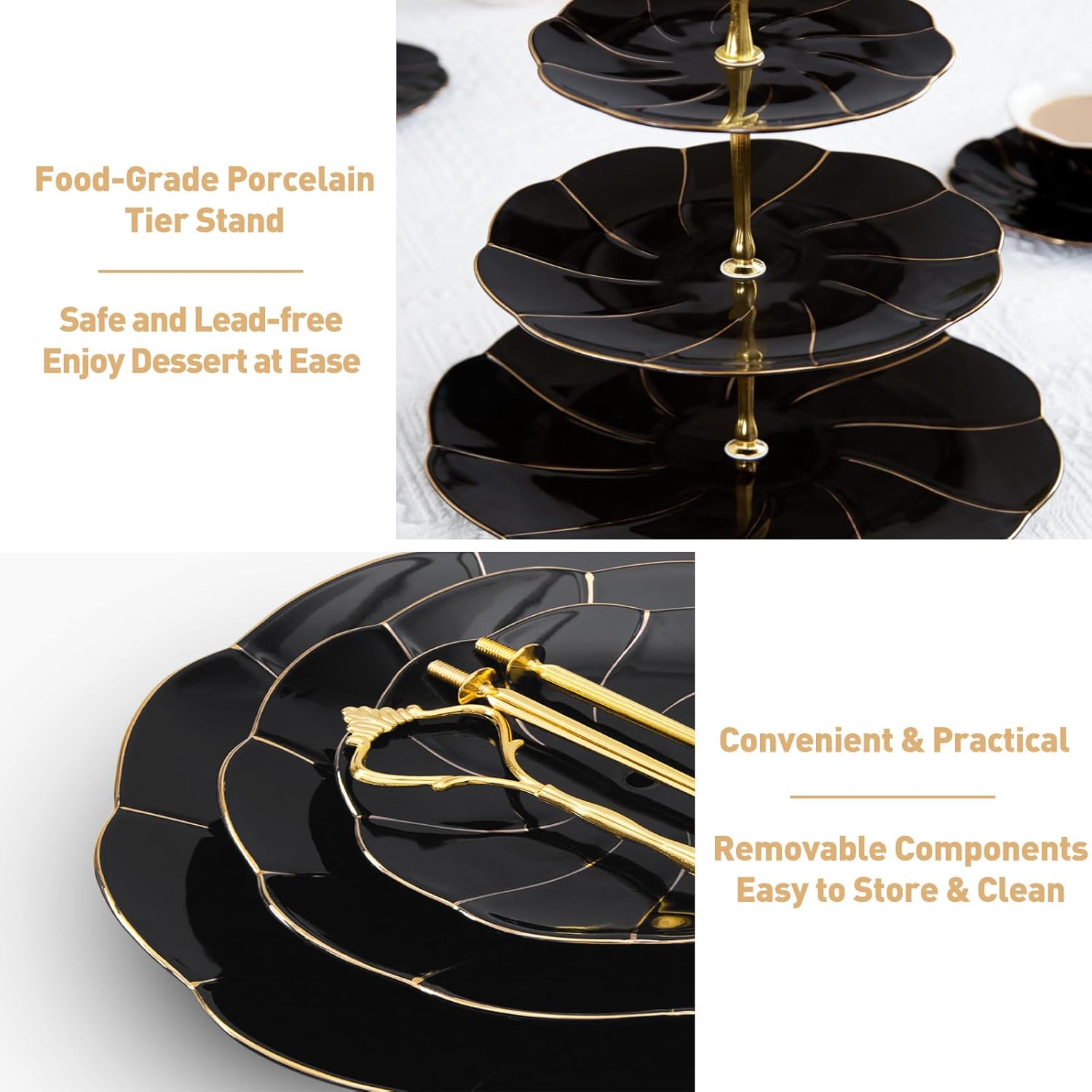 DUJUST Luxury Larger 3-Tier Cupcake Stand Tower, British Style Porcelain Serving Tray with Golden Trim, Food Grade Dessert Display Stand for Tea Party & Home Décor - 45% Black Larger Plates