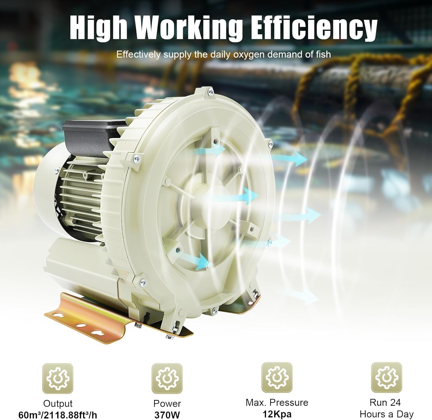 370W Grey Aviation Aluminum Aquaculture Vortex Air Blower