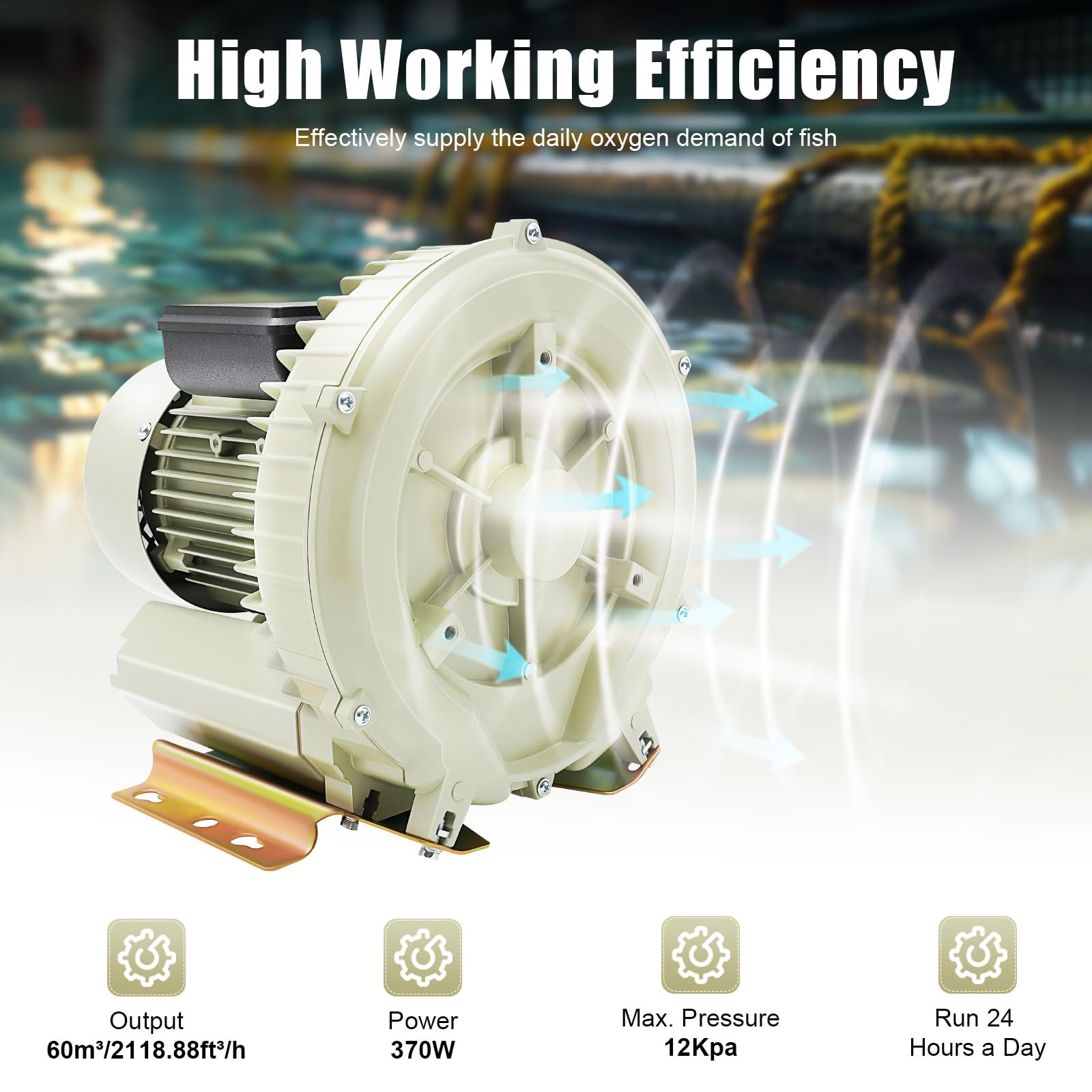 370W Aquaculture Vortex High Pressure Air Blower, High Pressure Blower for Aquarium Seafood Pond, Seafood Pond Fish Tank Vortex Air Blower 12Kpa, 2118.88ft³/h