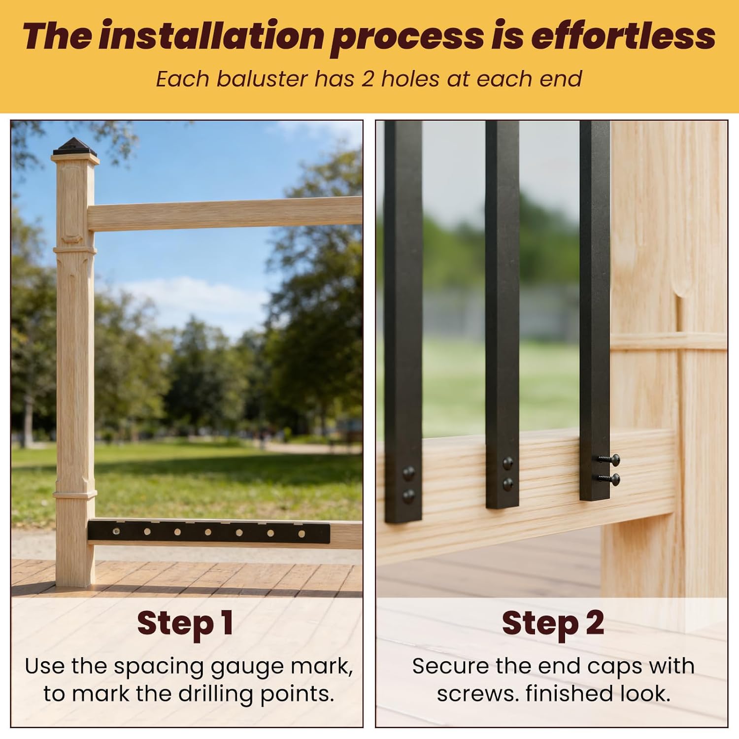 50 Pack 32.25" Hollow Aluminum Deck Balusters with Screws, Metal Balusters for Deck Railing Rectangular Spindles for Outdoor Porch Balusters, Matte Black, Includes Installation Spacing Guide