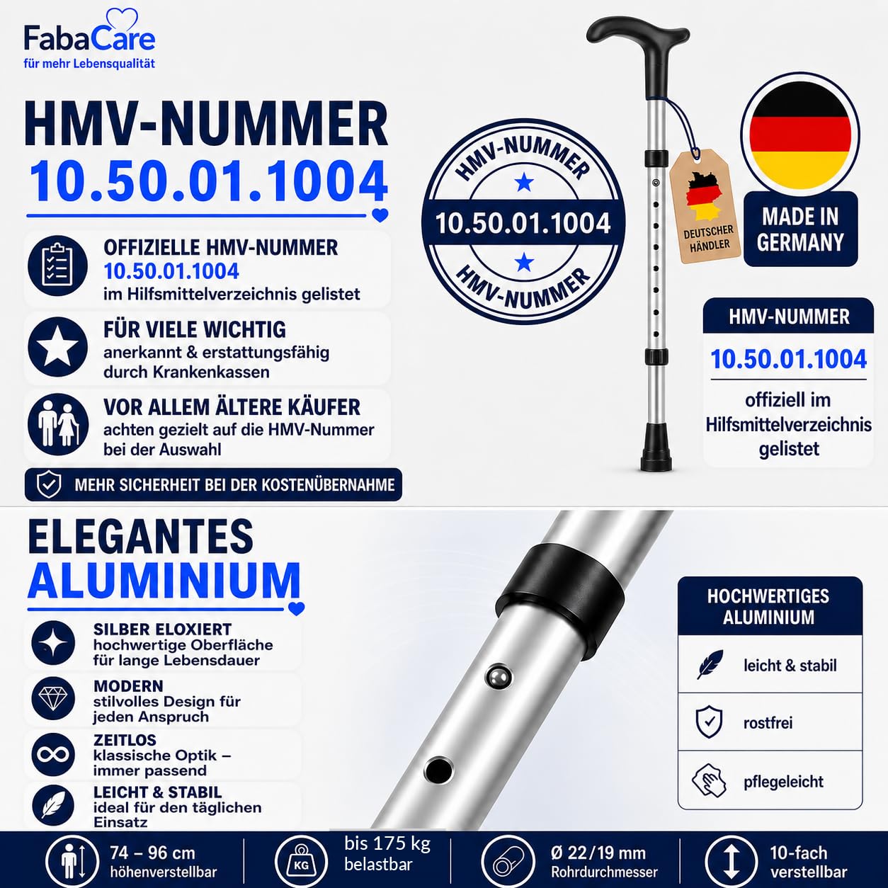 FabaCare Gehstock Simplex XXL, Gehstütze mit Fritzgriff, höhenverstellbar, extra leicht, bis 175 kg, Silber Eloxiert