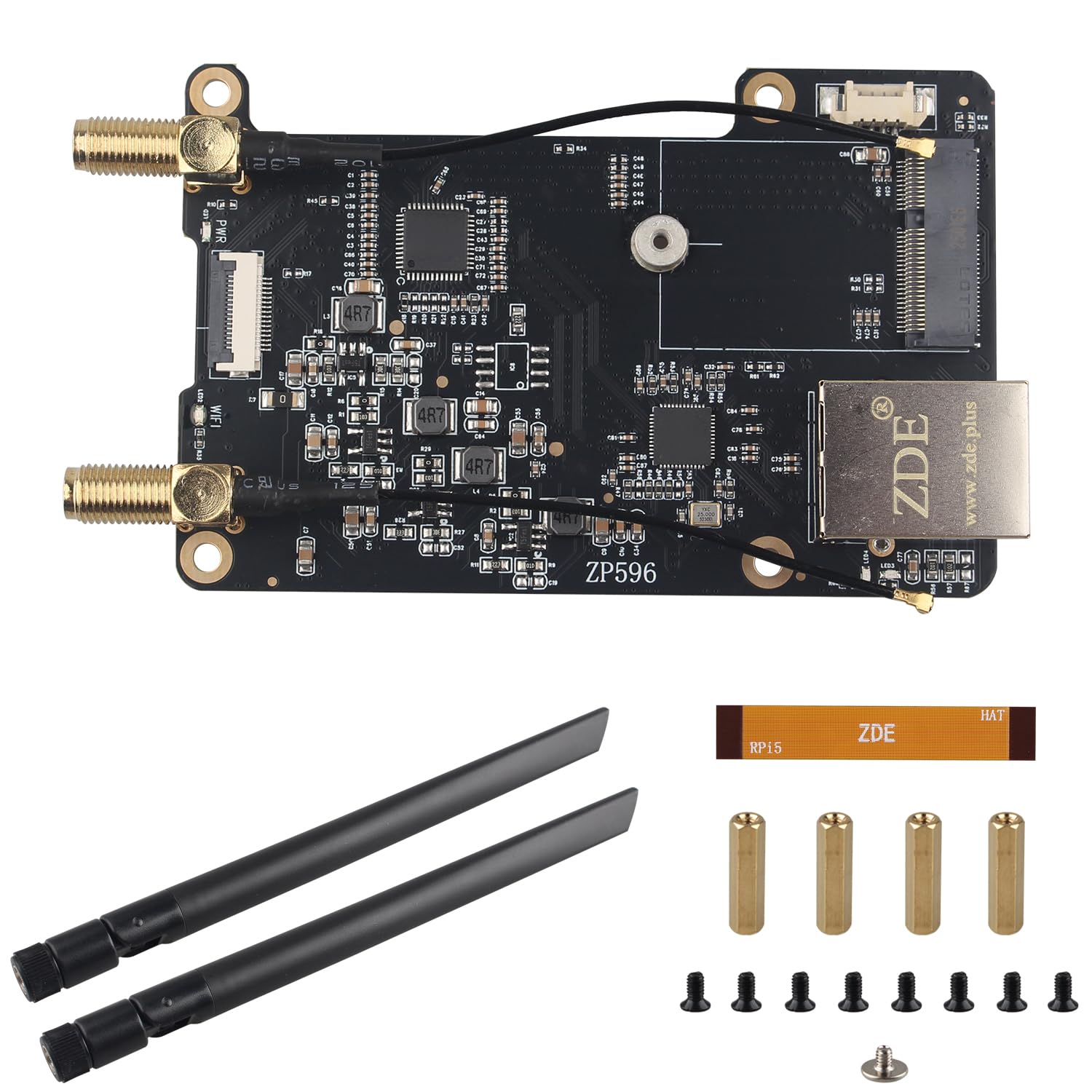 ZDE ZP596 PCIe to M.2 E Key WiFi7 2.5G Ethernet Hat for Raspberry Pi 5 | WiFi 7 6 6E 5, PCIe to 2.5GB 2.5GBE Ethernet Network Port HAT Adapter, Support Google TPU BE200 AX210 MT7922 AX200