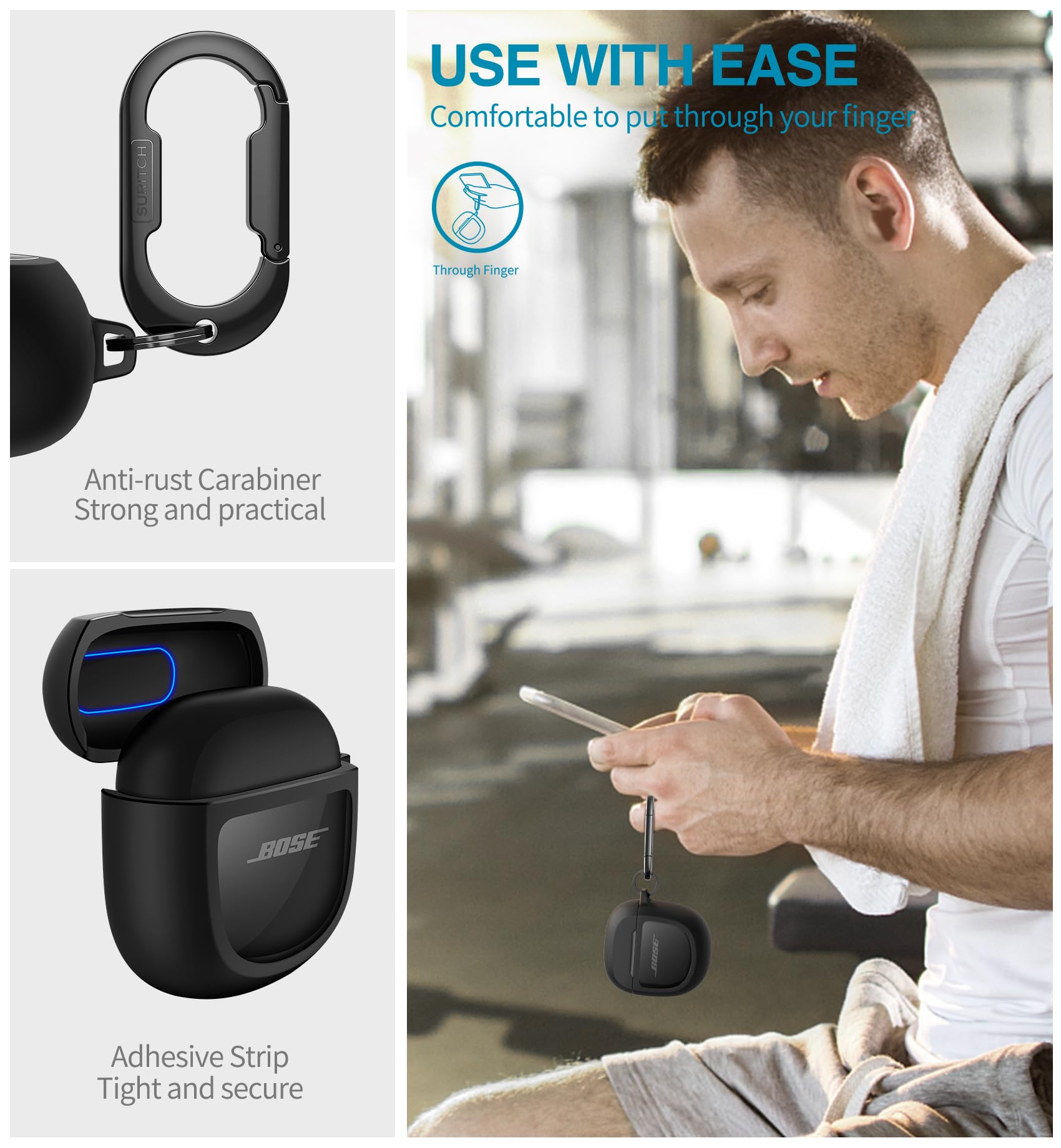 SURITCH Hülle für Bose QuietComfort Earbuds II 2022/QuietComfort Ultra 2023/Ultra Earbuds 2. Gen. 2025,Stoßfeste TPU Schutzhülle mit Karabiner & Schlüsselbund & Transparentem Logo Fenster (Schwarz)