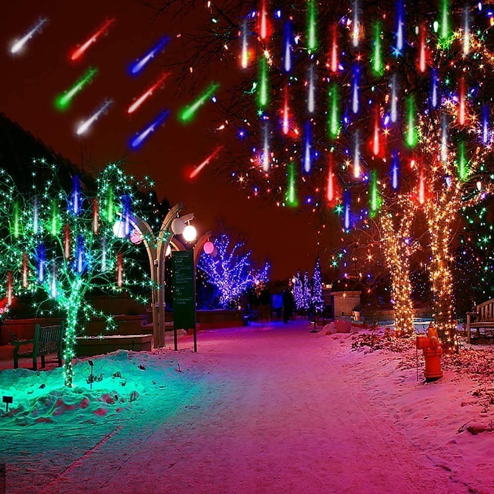 EOANT Meteor Schauer Regenlicht, Solar 360LED im Freien Weihnachten Regenlicht Schneeflocke Eis String Licht 10 Rohre 30cm Weihnachtsgarten Hochzeitsfeier Baum Balkondekoration (Multicolor)