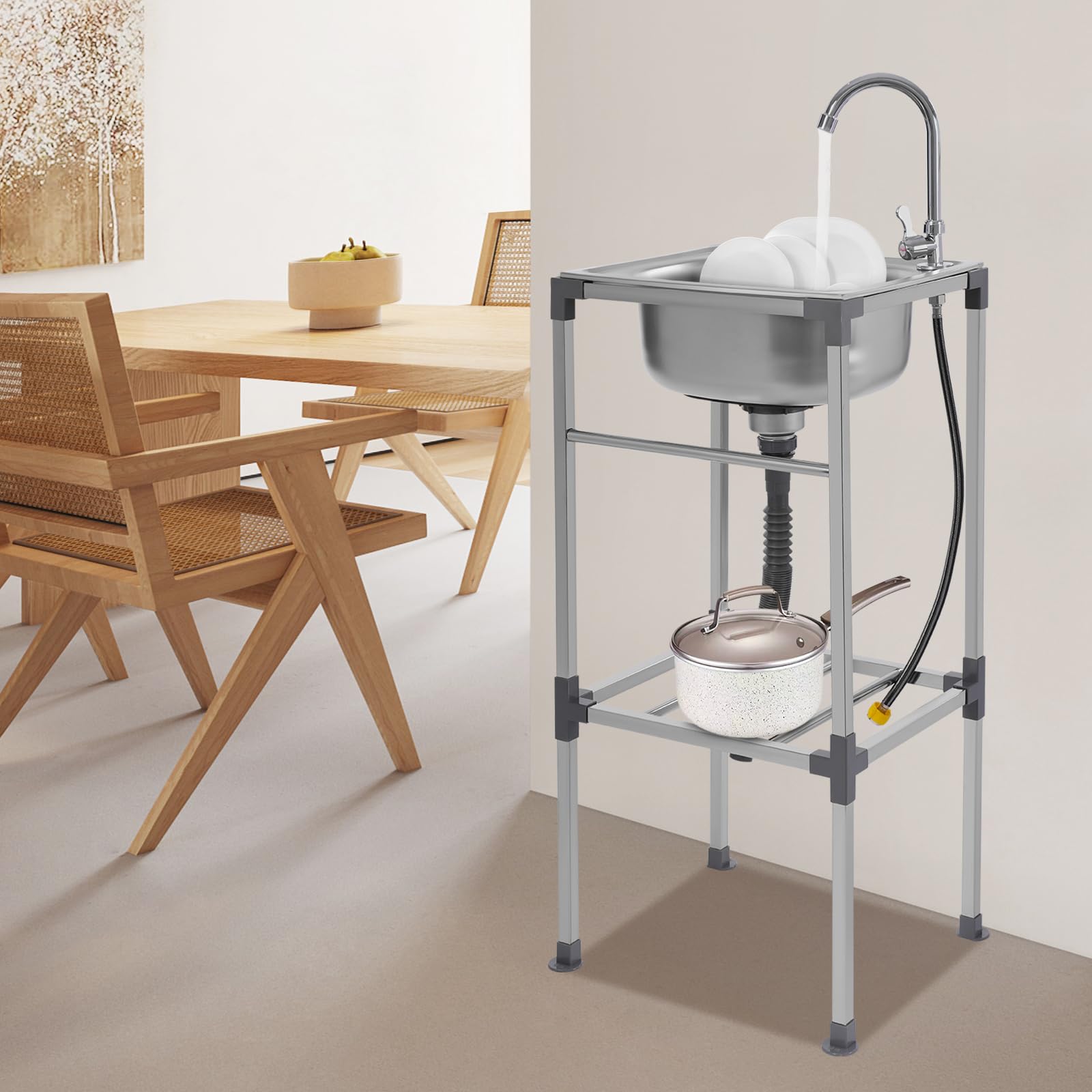 Évier Autonome Inox de Cuisine 1 Bac Évier Sur Pieds Acier Anti-Eclaboussures Lavabo Professionnel Faire la Plonge Restaurants Salle de Bain Garages Entrepôts 38 * 33 * 83cm