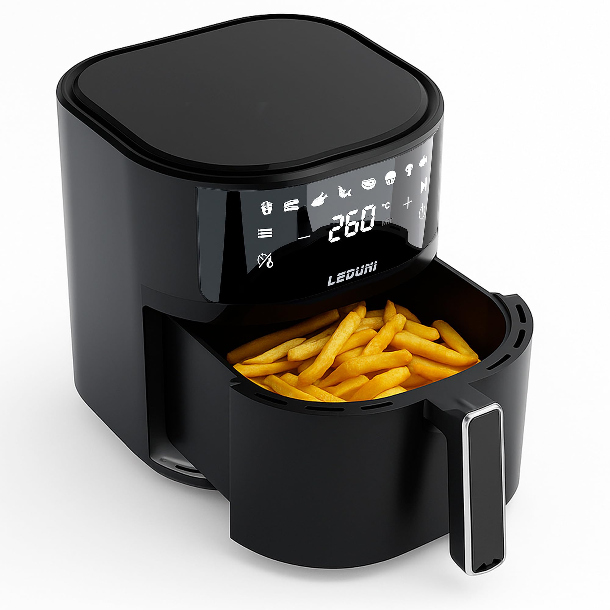 Leduni Freidora de Aire sin Aceite 6L de capacidad 1700 W, Uso Sencillo, Panel Táctil Air Fryer,Temperatura Regulable 80-200°C, ahorro energético hasta 70% (Negro 6L)