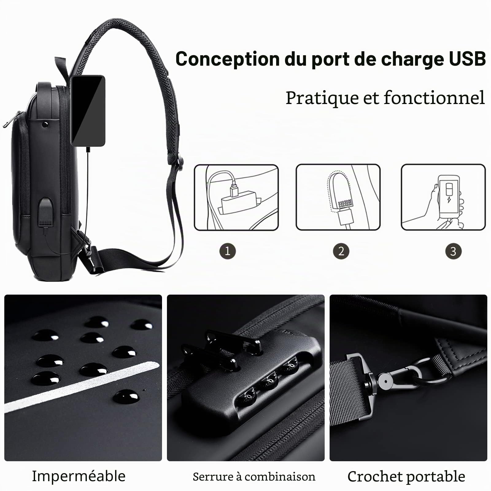 FANDARE Antivol Sac Poitrine Affaires Sacs de Bandoulière Sacoche avec USB Sac d'Epaule pour Homme Voyage Randonnée Vélo Camping Excursion Impermeable Multi-Poches Petit Sac a Dos