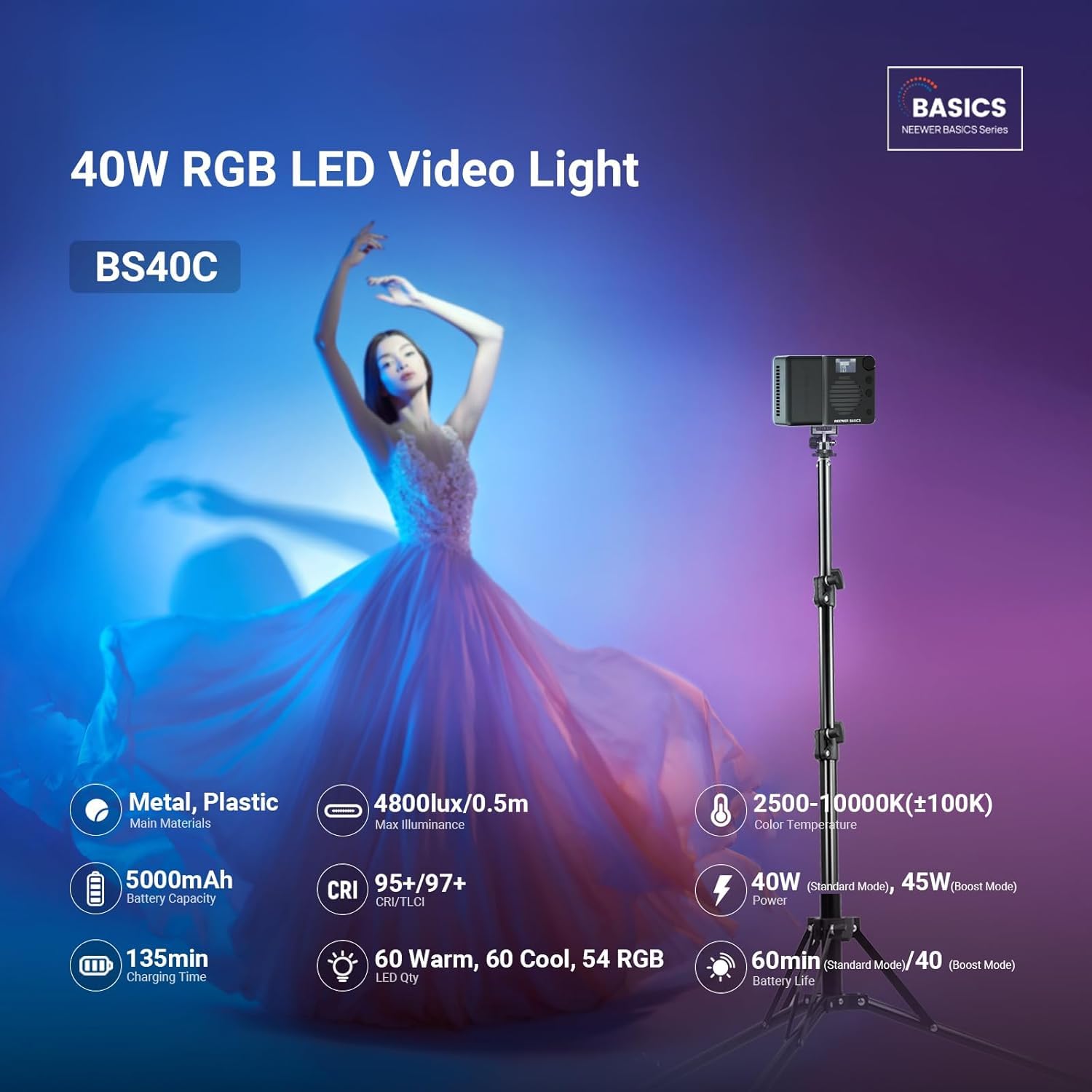 NEEWER BASICS BS40C Full RGB magnetyczna kamera wideo światło, tryb Boost 45 W, małe oświetlenie panelu LED 4800 lx/0,5 m CRI95+ 2500-10000 K 14 scen 5000 mAh do statywu DSLR Streaming Photography