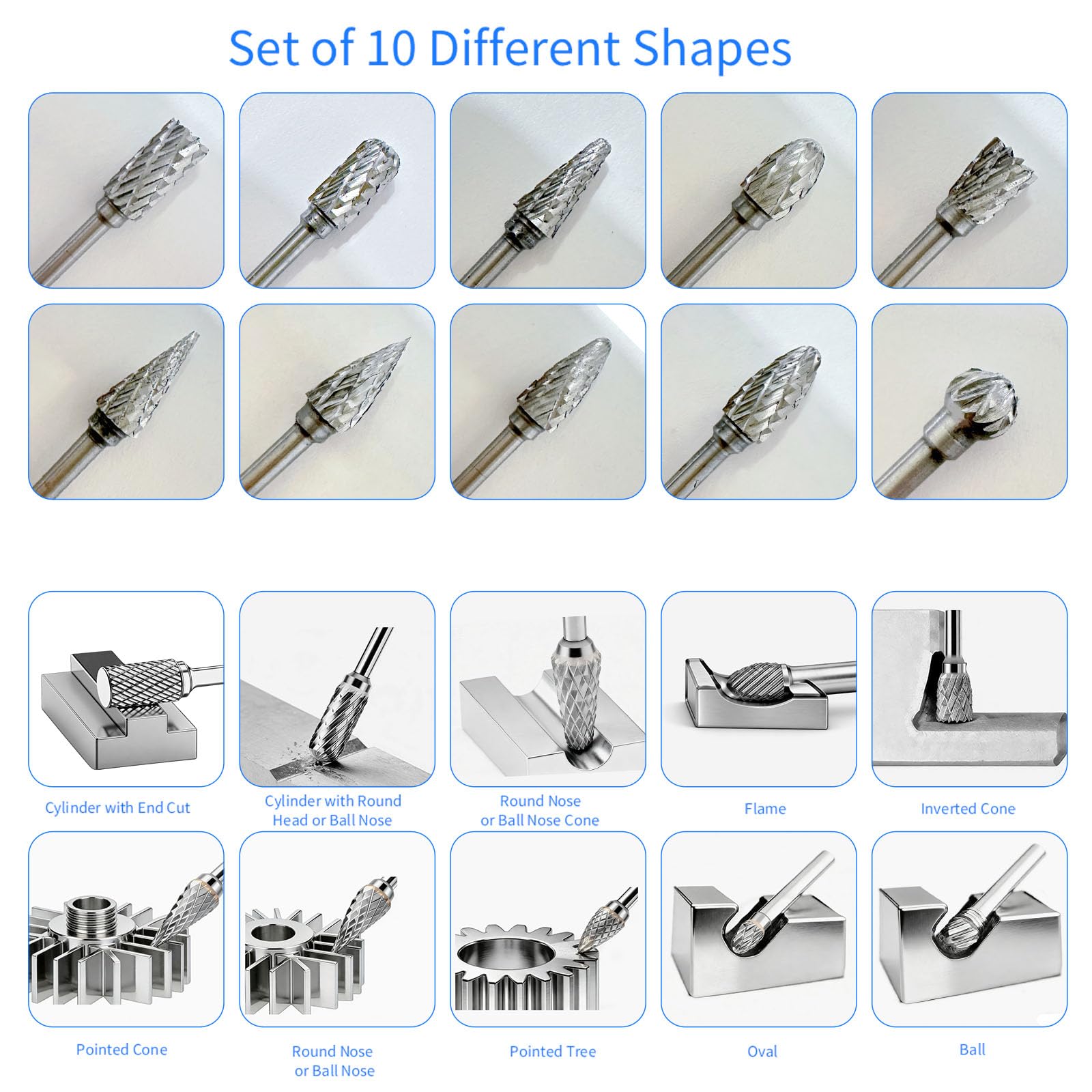 10 Stück Hartmetall Frässtifte mit Doppelschnitt, Wolfram Hartmetall Rotationsfräser mit 1/8" Schaf für DIY-Holzbearbeitung,Bohren,Schnitzen, Gravieren,Metallpolieren