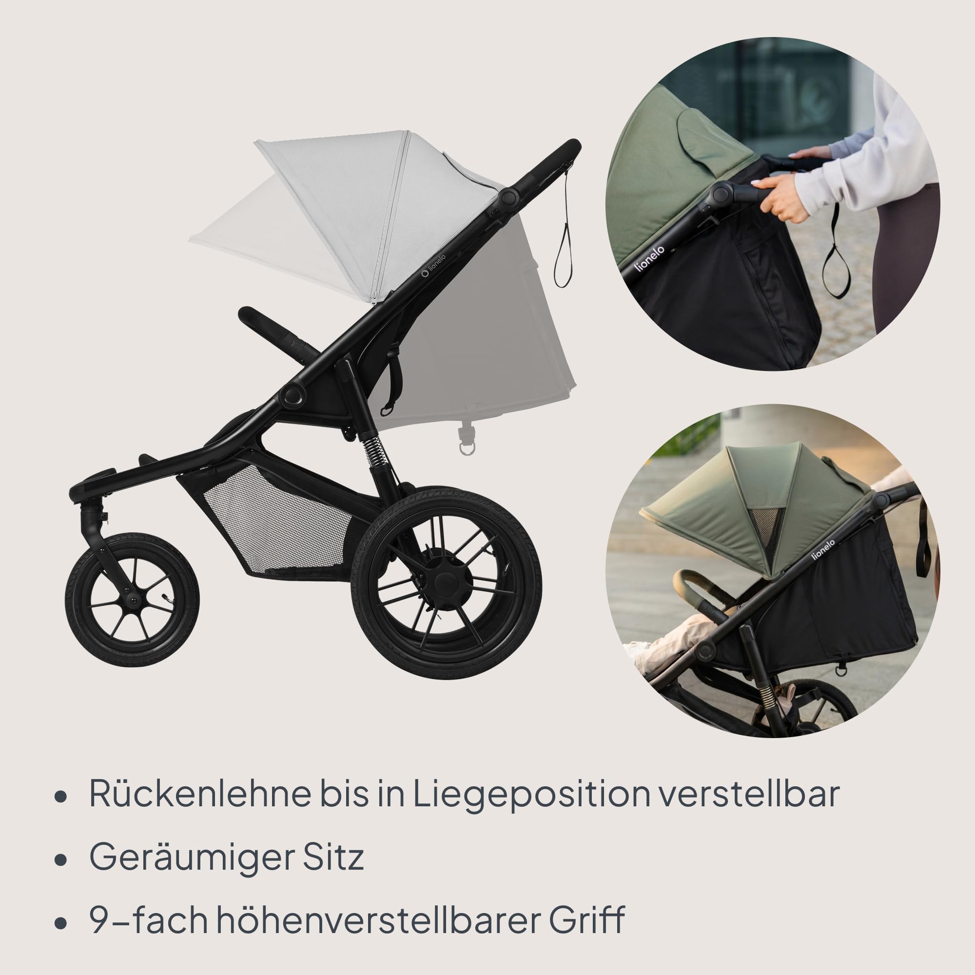 Lionelo Azura Kinderbuggy mit Luftreifen – hohe Federung, stufenlos verstellbare Liegeposition, XXL-Verdeck UPF50+, 5-Punkt-Magnetgurte, kompakt faltbar, inkl. Regenfolie – ab 6 Monaten bis 22 kg