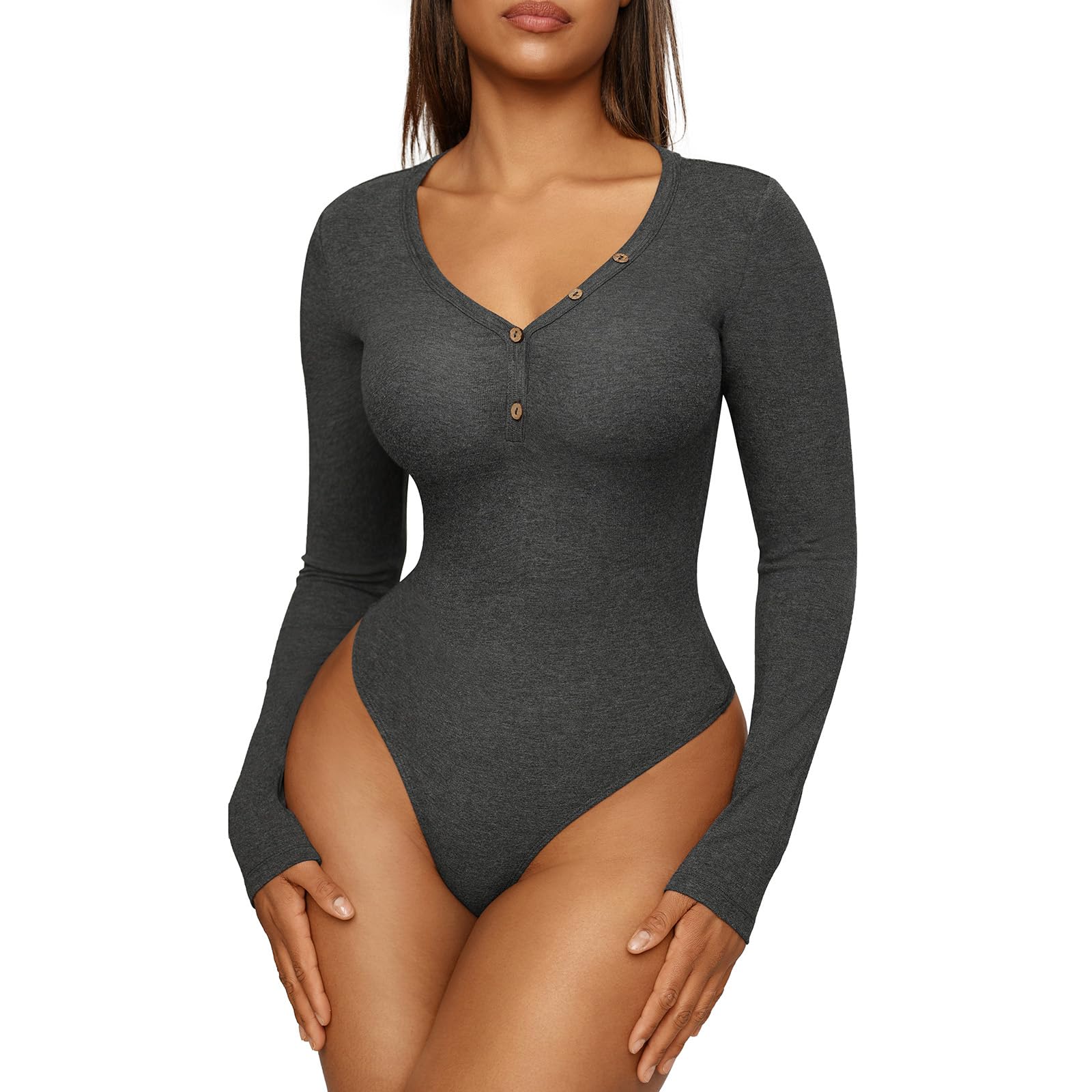 FeelinGirlWomen‘s Long Sleeve Tops Bodysuit Deep V Neck Thong Bodysuit Tummy Control Shapewear Bottoming Shirt