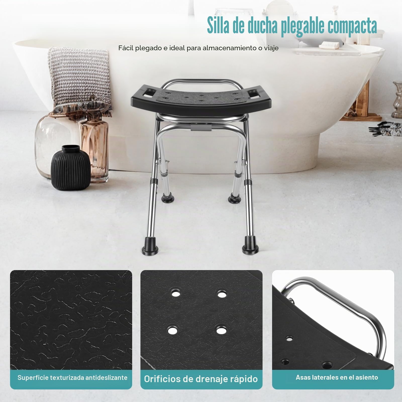 Asiento de Silla de Ducha Plegable, Asiento de Silla de Ducha Plegable de Altura Ajustable, Silla de Ducha de Acero Inoxidable Apta para Interior de Ducha, Taburete de Ducha Portátil de Viaje de 181
